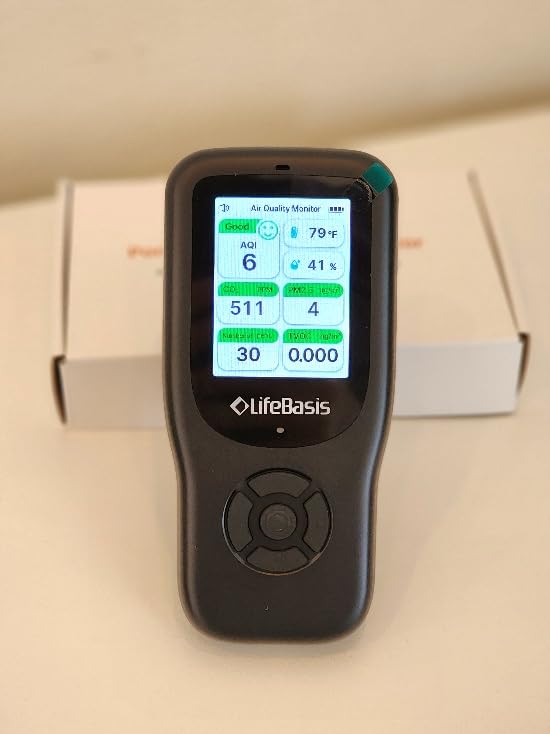 LifeBasis Air Quality Monitor Indoor, 11-in-1 Air Quality Detector with Stand, Real-Time Air Meter Test AQI, PM1.0, PM2.5, PM10, CO2, TVOC, HCHO, Particles, Temperature and Humidity, Dual Alert - Black customer photo 1