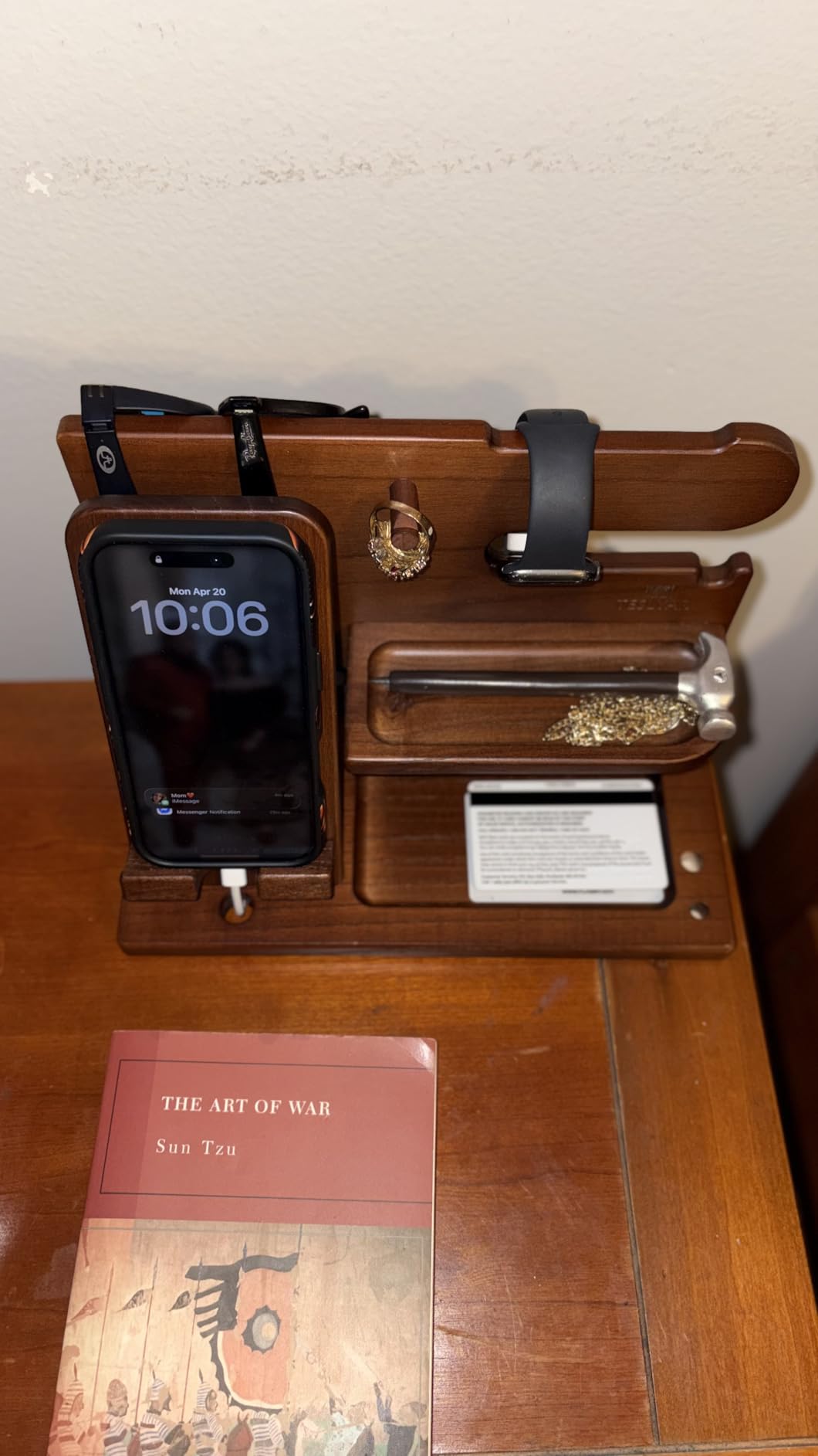TESLYAR Wood Phone Docking Station for Men - Desk or Nightstand Organizer - Birthday Gifts for Husband, Dad - Key Holder, Stand Wallet, Watch & Essentials (Bourbon Brown) customer photo 1