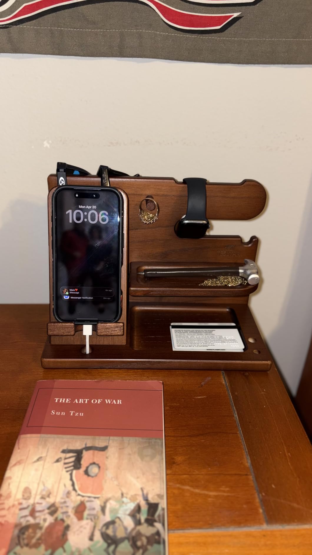 TESLYAR Wood Phone Docking Station for Men - Desk or Nightstand Organizer - Birthday Gifts for Husband, Dad - Key Holder, Stand Wallet, Watch & Essentials (Bourbon Brown) customer photo 2