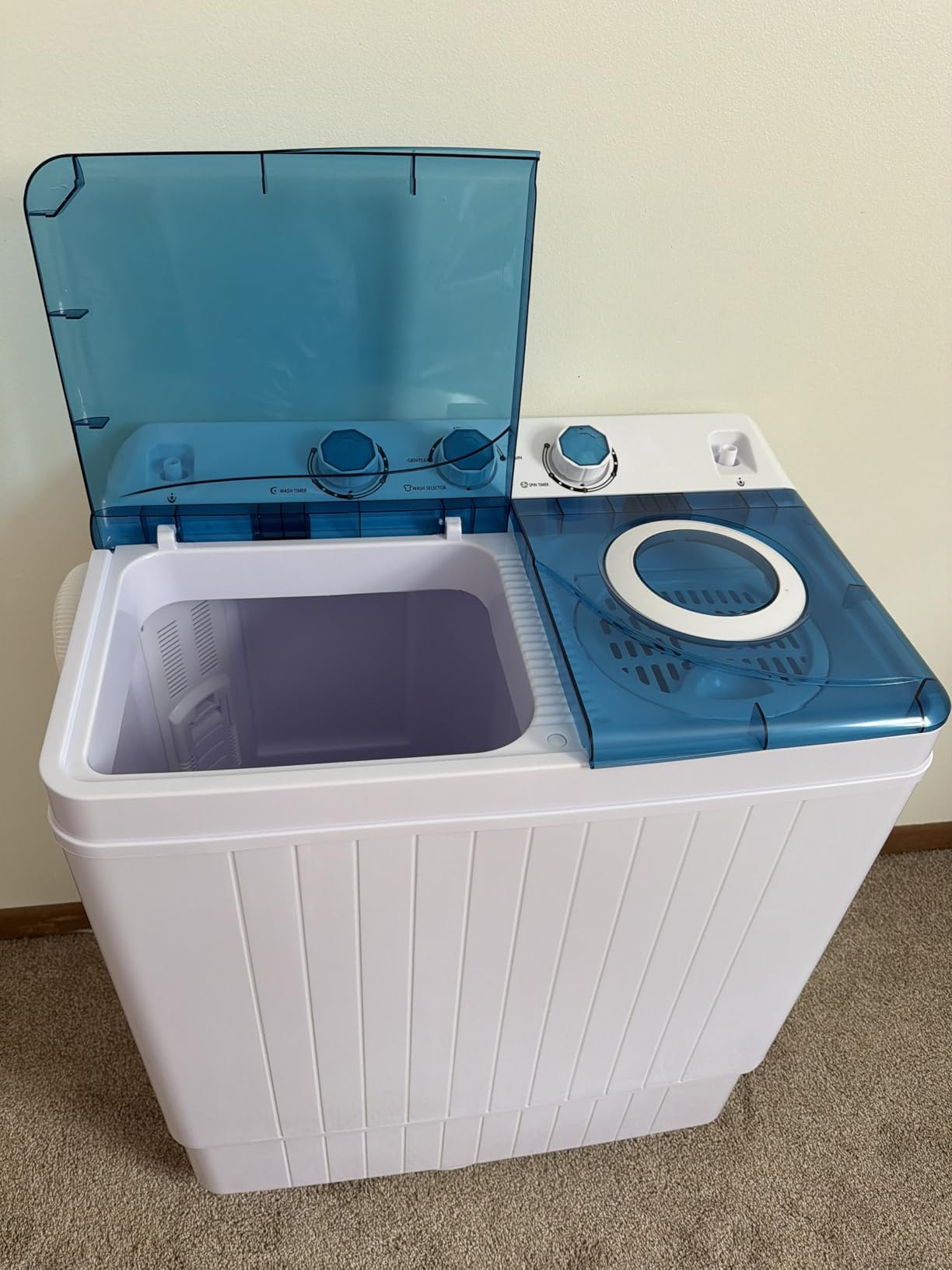 COSTWAY Portable Washing Machine, Twin Tub 26lbs Capacity Laundry Washer, 18lbs Washer and 8lbs Spinner Combo with Timer Knobs, Built-in Drain Pump, Compact Washer for Home Dorm Apartment, Blue+White customer photo 2