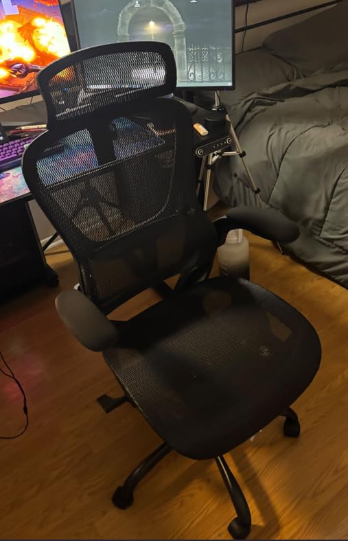 GABRYLLY Ergonomic Mesh Office Chair, Adjustable Home Desk Chair with Folding Armrest, 2D Headrest, Soft Seat and PU Wheel, Black Swivel Task Chair for Office, Business, Student (GY1108) customer photo 2