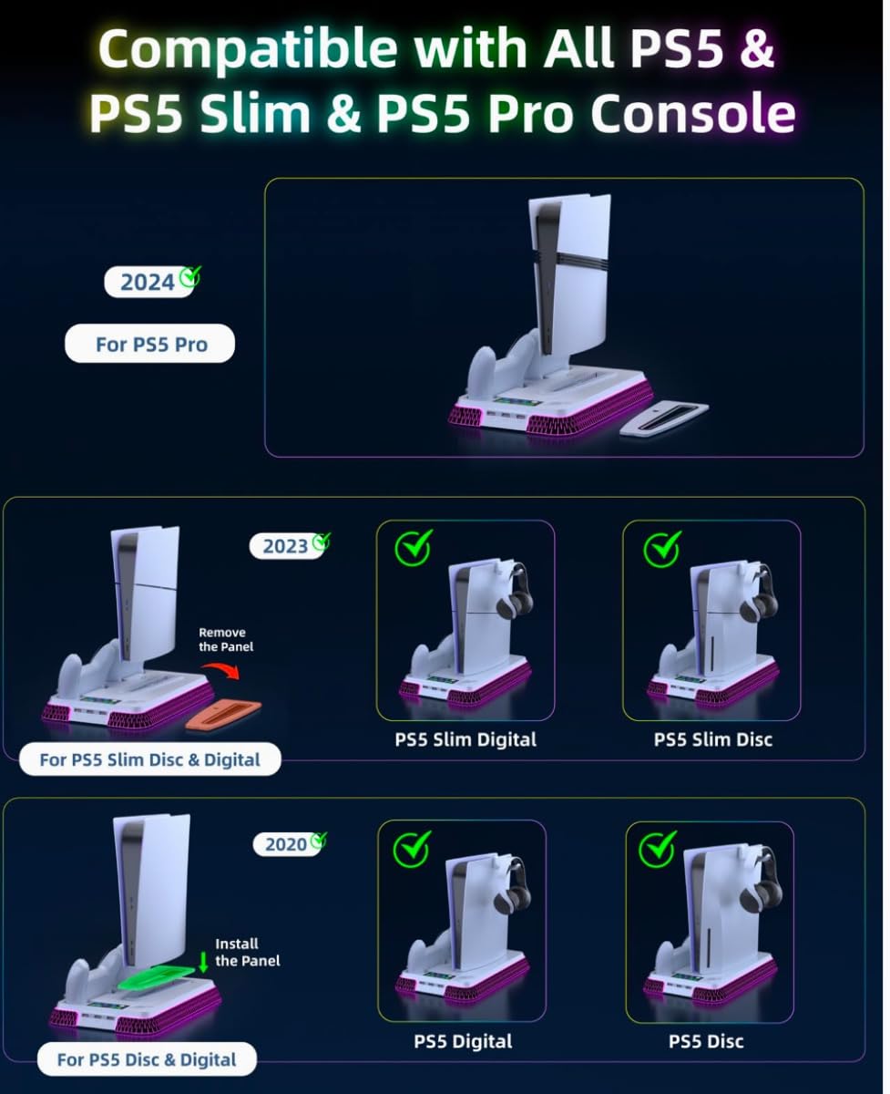 Cooling Station and Console Stand for PS5/Pro/Slim, Dual Controller Charging Station with Ambient RGB Lighting for PlayStation 5, PS5 Stand Controller Charger for Disc & Digital with Cooling Fan customer photo 2