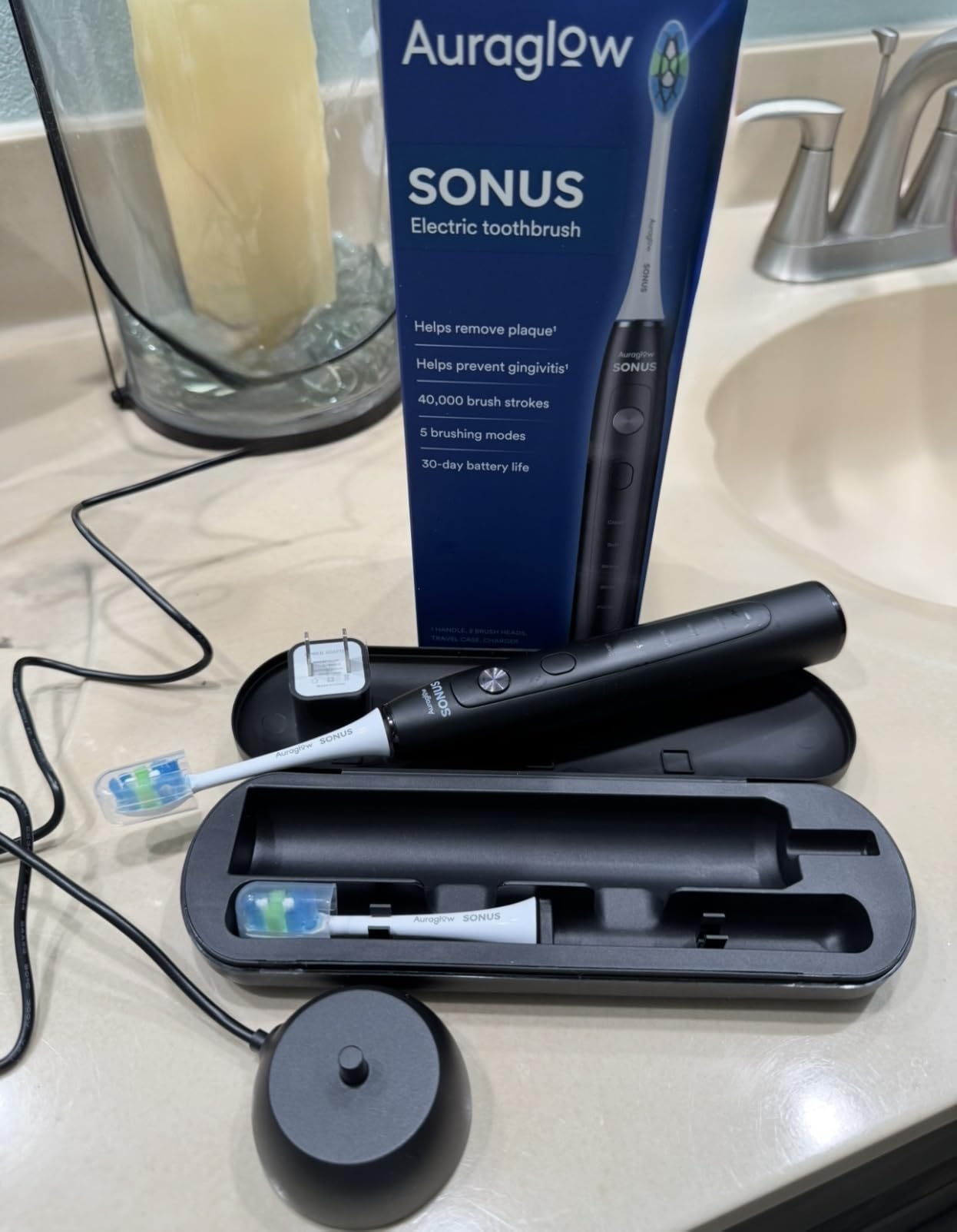 AURAGLOW Sonic Electric Toothbrush for Adults - Rechargeable, 40,000 VPM, 5 Modes, Removes 10x More Plaque, IPX7 Waterproof, Wireless Charging, 30-Day Battery, 2 Brush Heads & Travel Case customer photo 2