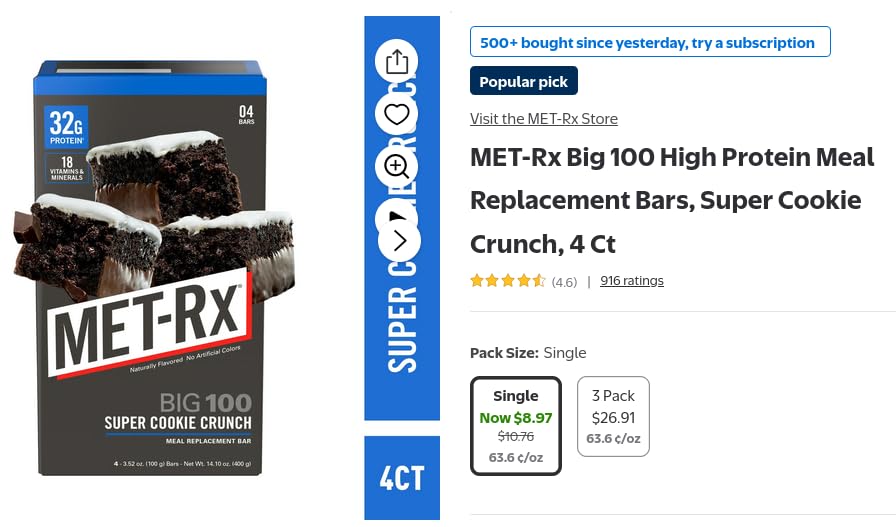 MET-Rx Big 100 Protein Bar, Meal Replacement Bar, 32G Protein, Super Cookie Crunch, 3.52 Oz (Pack of 9) customer photo 1