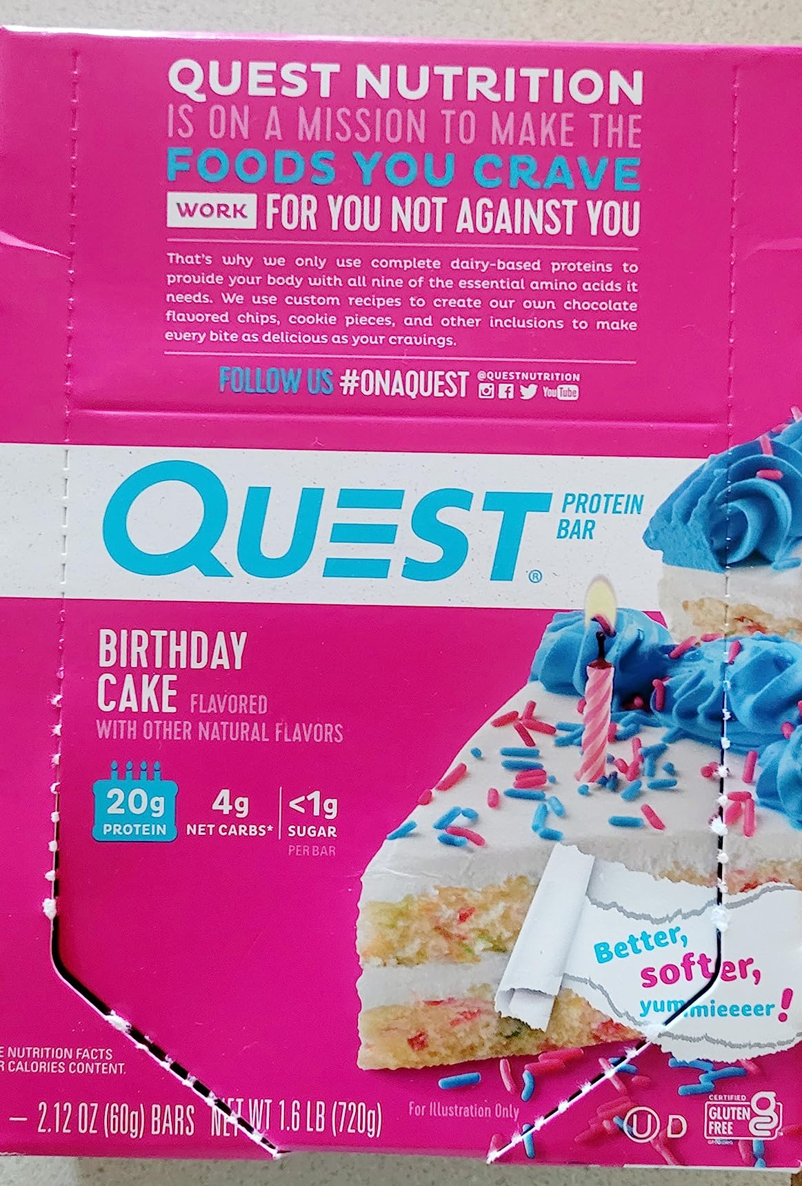 Quest Nutrition Birthday Cake Protein Bars, 20g Protein, 1g Sugar, 4g Net Carbs, Gluten Free, Keto Friendly, 12 Count customer photo 1