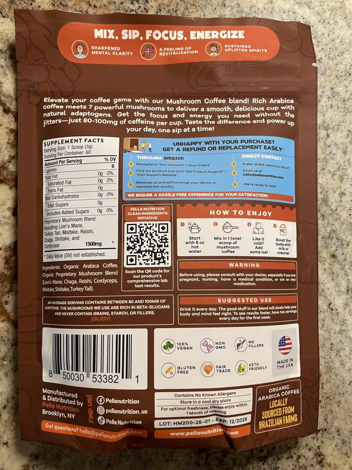Pella Nutrition Mushroom Coffee - Lions Mane, Reishi, Chaga, Cordyceps, Shiitake, Maitake, and Turkey Tail Mushroom Supplement - Superfood Instant Coffee for Focus & Energy (Regular Caffeine, 60 Cups) customer photo 1