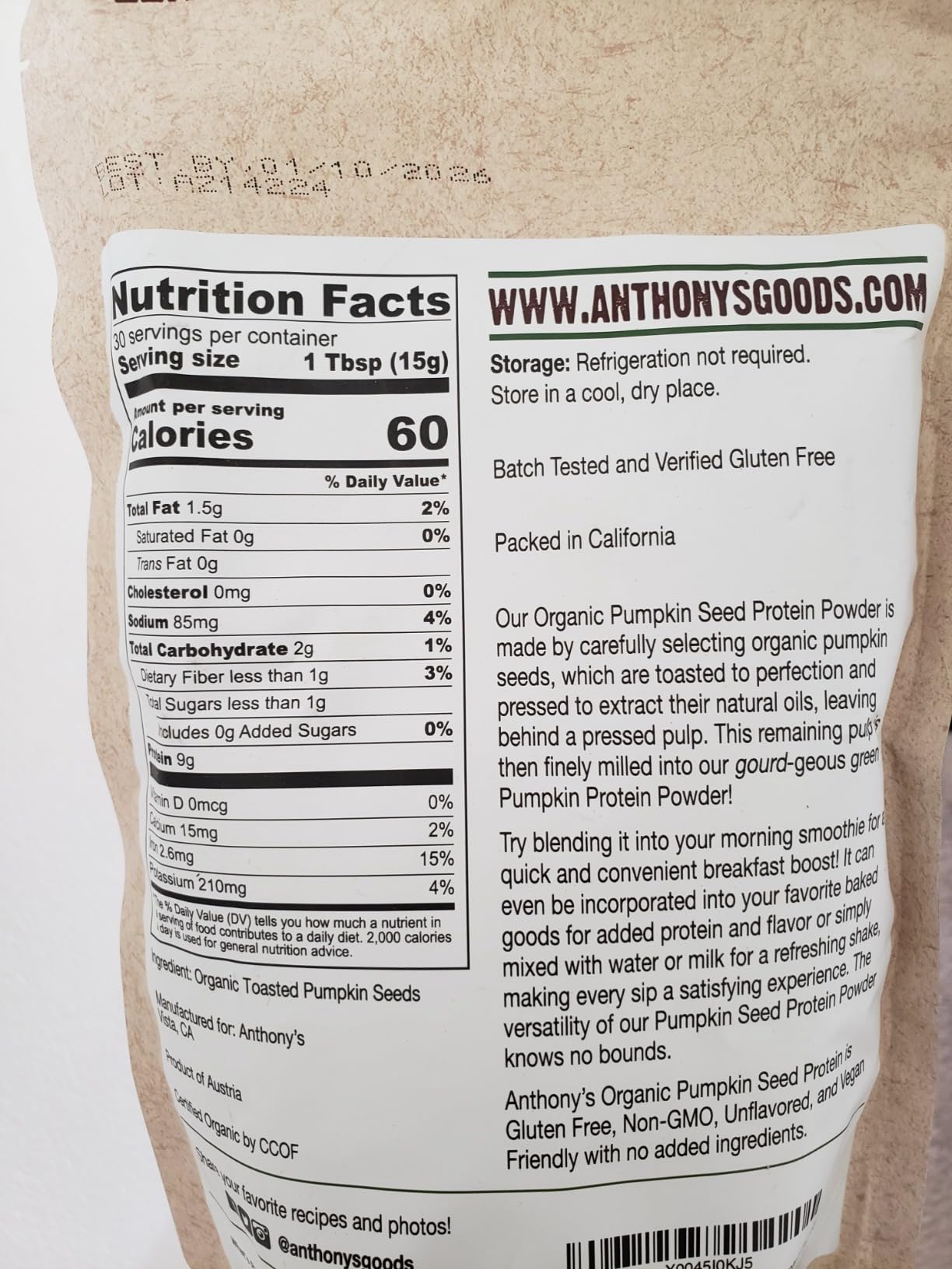 Anthony's Organic Pumpkin Seed Protein Powder, 1lb, Gluten Free, Non GMO, Unflavored, Plant-Based Protein customer photo 2