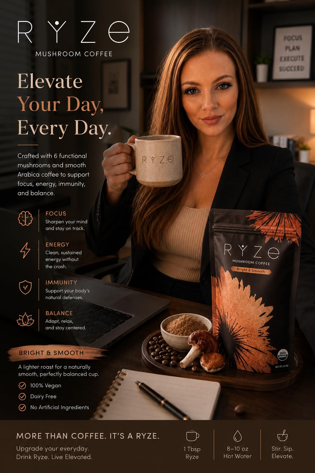 RYZE SUPERFOODS Mushroom Medium Roast Coffee USDA Organic with 6 Adaptogenic Mushrooms for Better Energy, Focus Digestion Immunity with Lions Mane & Turkey Tail 30 Pack customer photo 1