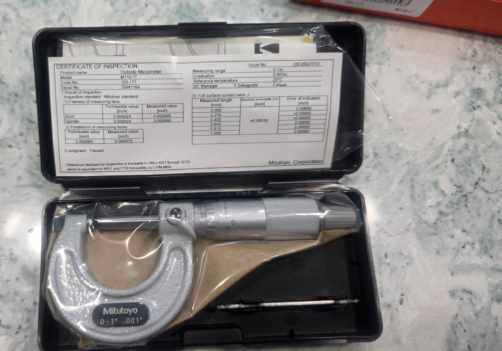 Starrett 103-177, 0-1 X .001 Outside Micrometer, Ratchet | Carbide-tipped measuring faces, ratchet stop mechanism, +/-0.0001