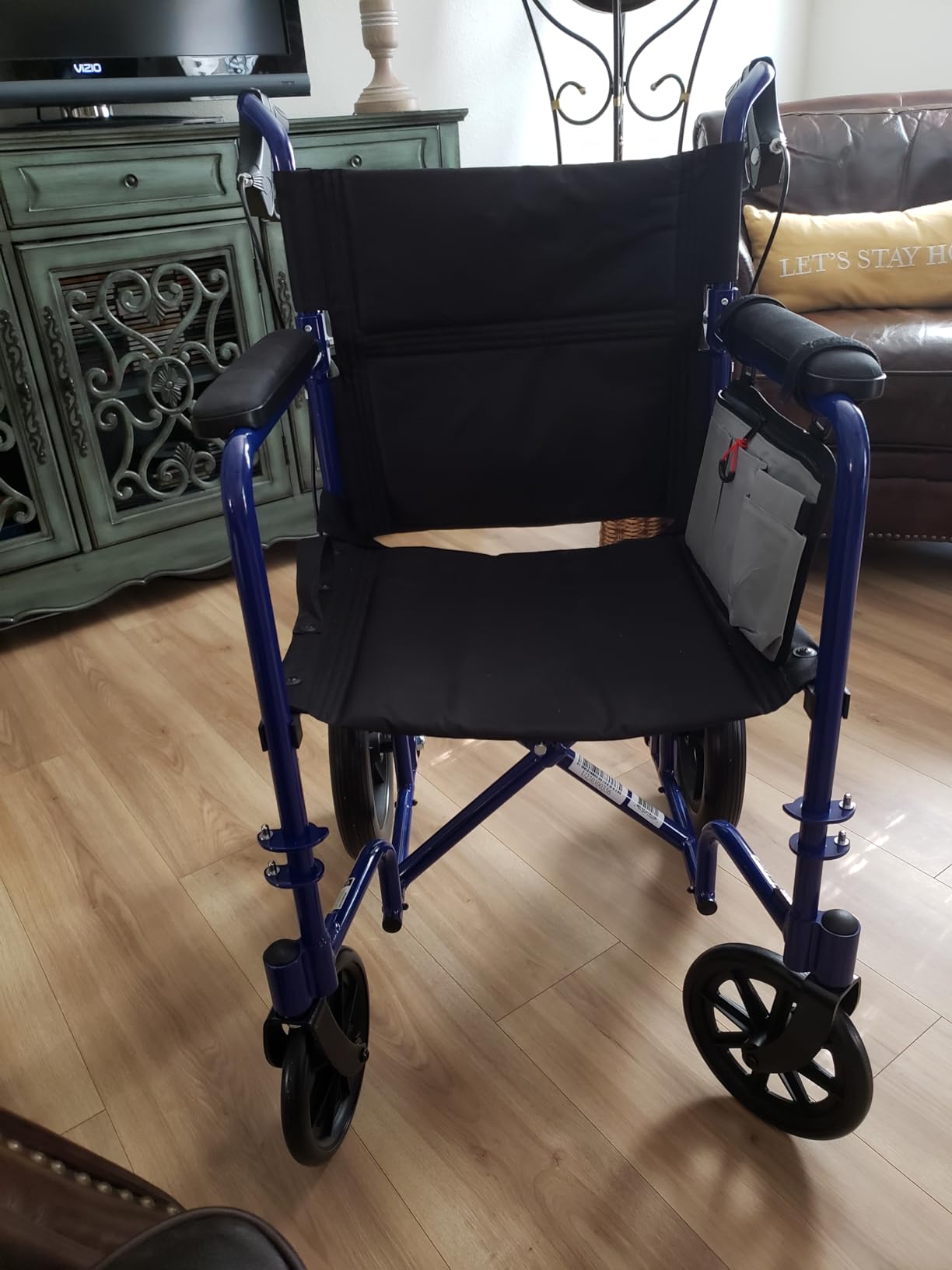 Medline Lightweight Foldable Transport Wheelchair with Handbrakes and 12-Inch Wheels, Red Frame, Black Upholstery customer photo 2