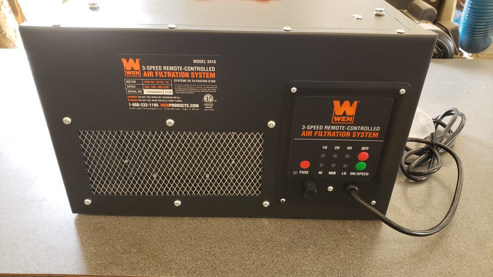 WEN 3410 3-Speed Remote-Controlled Air Filtration System (300/350/400 CFM), Basic w/ RF Remote (400 CFM), Black customer photo 1
