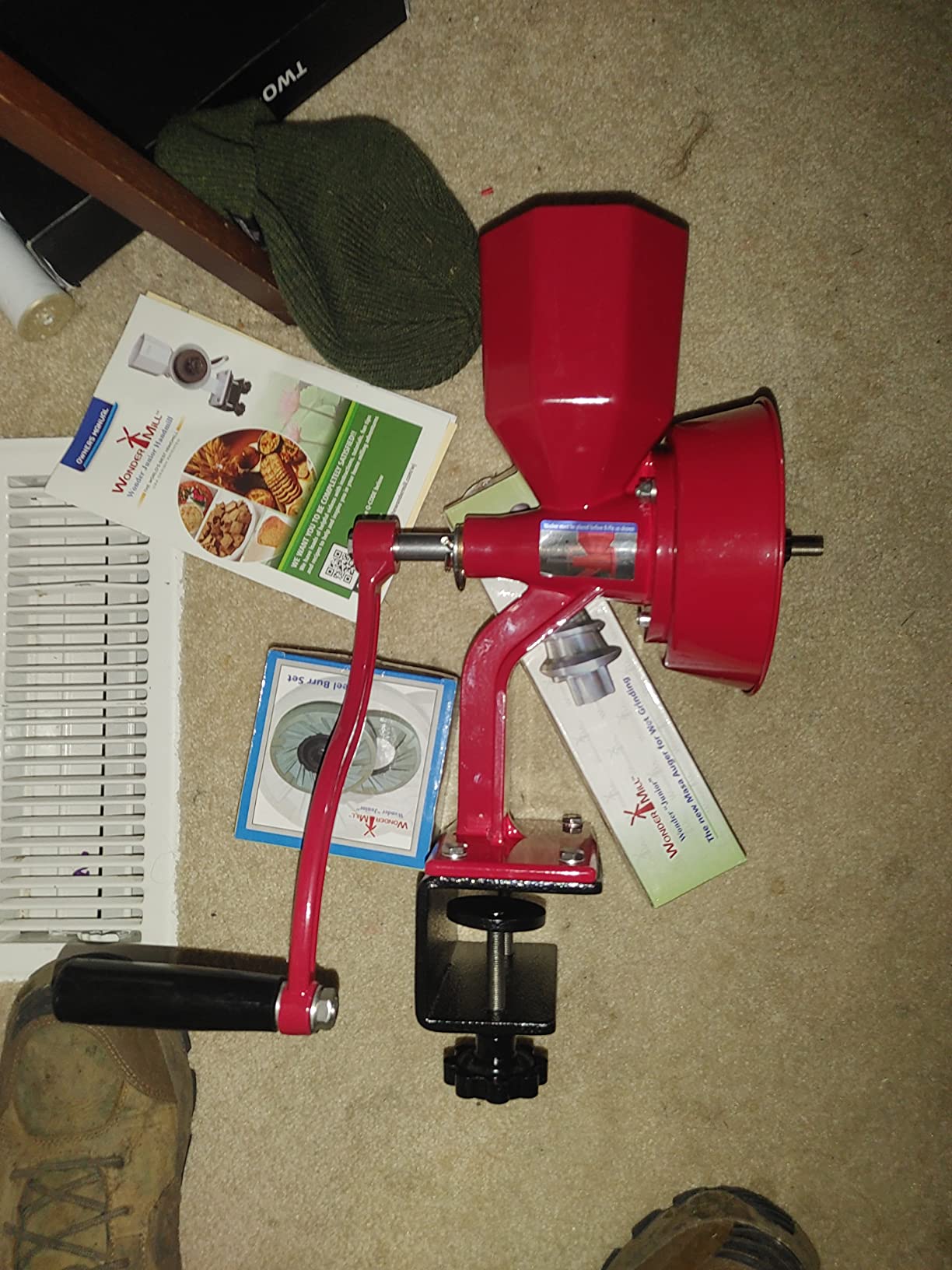 WONDERMILL Junior Deluxe Grain Mill for Flour, Hand Crank Wheat Mill for Grains, Nuts, Seeds, Oily Foods & Spices, Grain Grinder with Stone and Stainless Steel Burrs (Red) customer photo 1