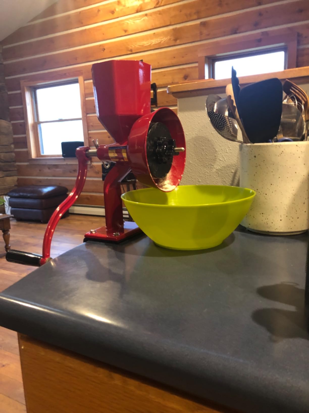 WONDERMILL Junior Deluxe Grain Mill for Flour, Hand Crank Wheat Mill for Grains, Nuts, Seeds, Oily Foods & Spices, Grain Grinder with Stone and Stainless Steel Burrs (Red) customer photo 2