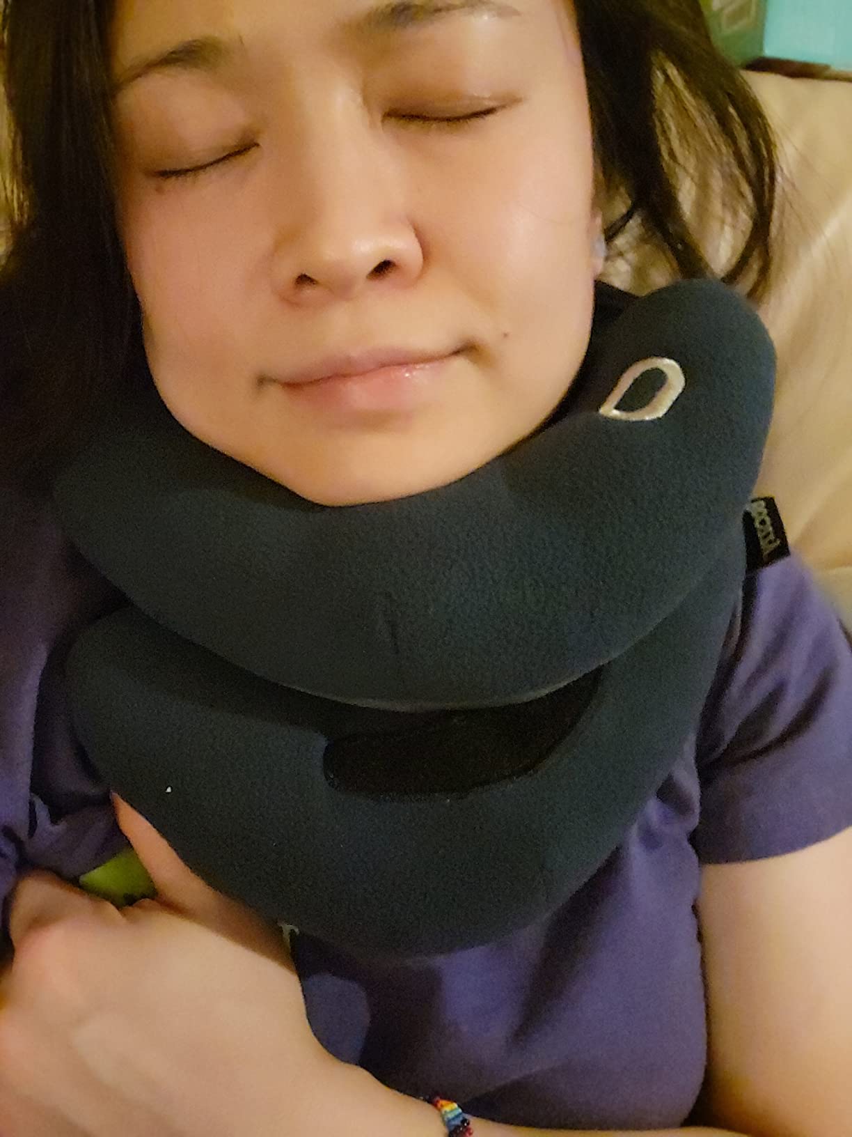 BCOZZY Travel Neck Pillow for Airplane - Patented Double Support for Head, Neck, and Chin. Best for Long Flights, Plane Sleeping, and Car Rides. Adjustable Size. Fully Washable. Carry Bag. Large, Navy customer photo 2