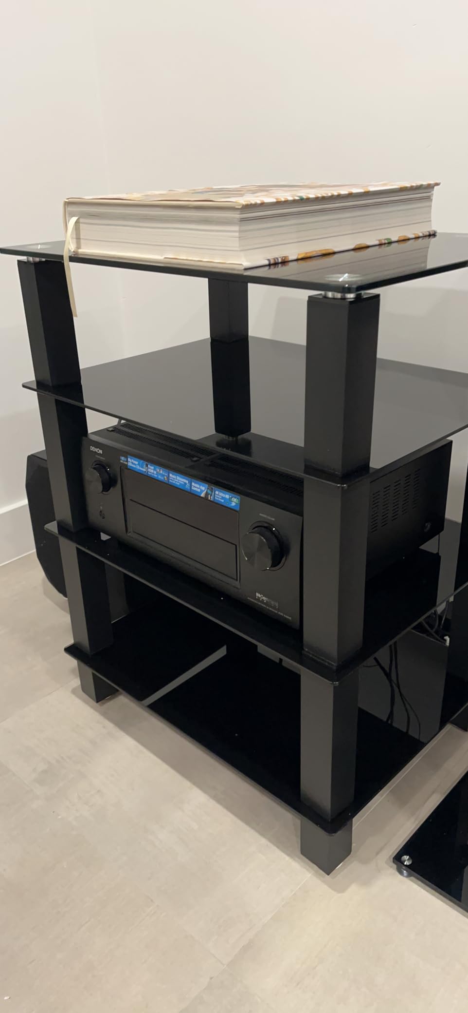 FITUEYES 4-Tier Media Stand Audio with Tempered Glass Shelves, Black - Modern Audio Rack Video Component Cabinet for Xbox One/PS4, Corner Entertainment Center for Living Room Bedroom customer photo 2