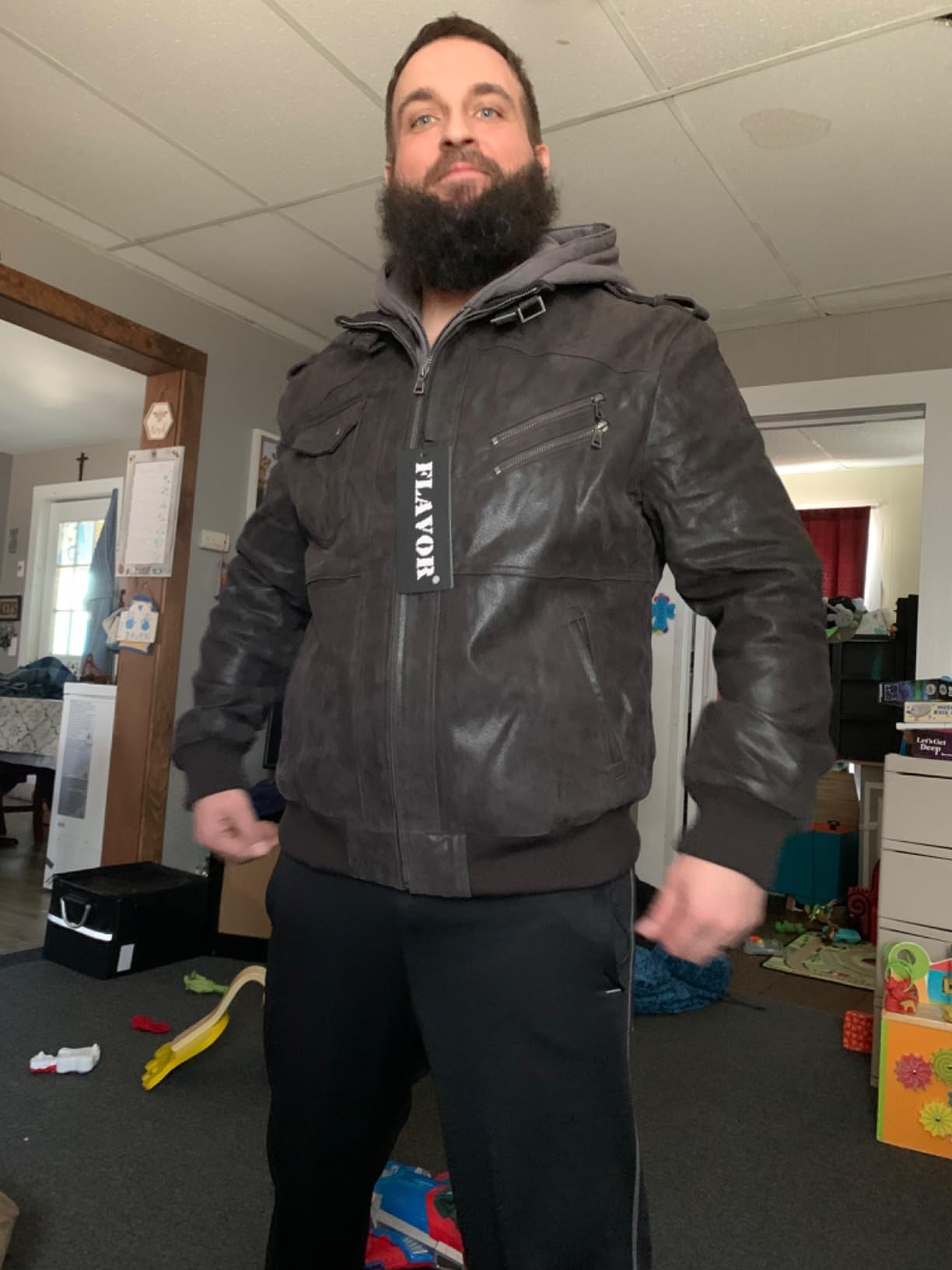 FLAVOR Men Brown Leather Motorcycle Jacket with Removable Hood | Genuine Leather, Windproof, Multi Pockets, Fall Winter Coats, Riding and Daily Wear customer photo 1