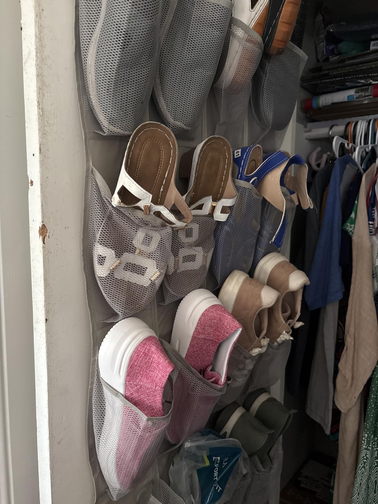 Amazon Basics 24 Medium Mesh Pocket Over-the-Door Hanging Shoe Organizer, Space Saving Shoe Storage, Light Grey customer photo 1
