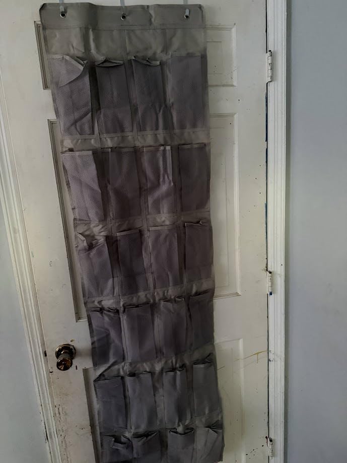 Amazon Basics 24 Medium Mesh Pocket Over-the-Door Hanging Shoe Organizer, Space Saving Shoe Storage, Light Grey customer photo 2