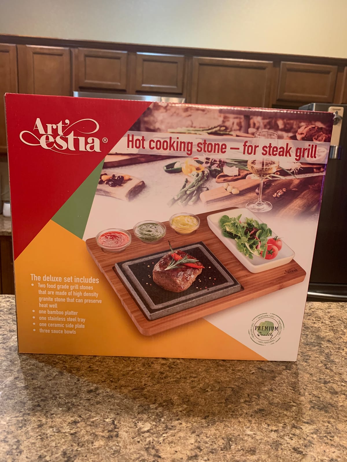 Artestia Hot Stone Steak Cooking Set - 2 Natural Granite Grill Stones + 1 Bamboo Tray + 1 Salad Plate & 3 Sauce Bowls - Indoor/Outdoor BBQ Sizzling Steak & Seafood Grilling Gift customer photo 1