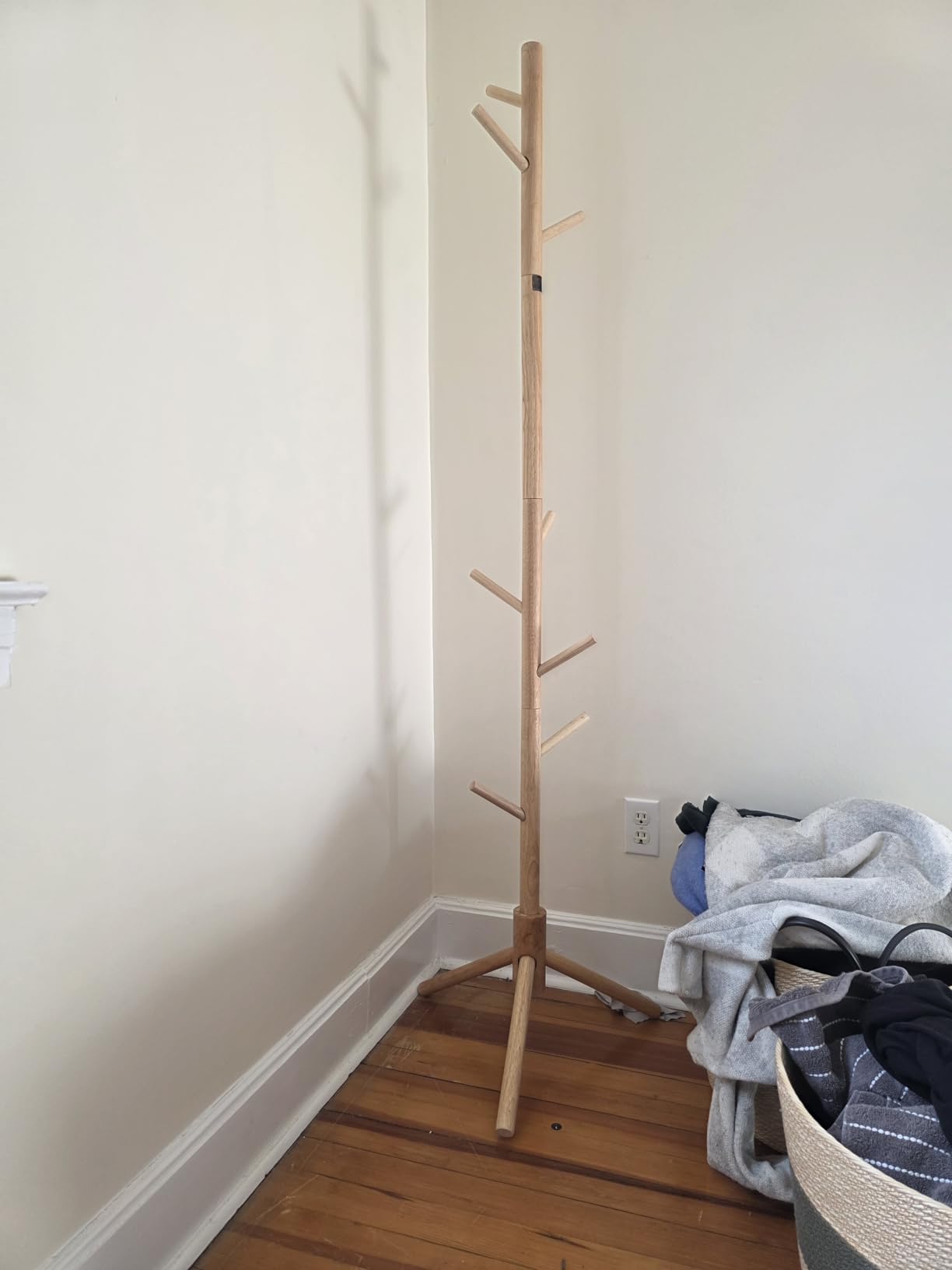 Pipishell Solid Wooden Coat Rack Freestanding with 8 Hooks, Brown | 3 Height Options, 100% Pine Wood, Tool-Free Assembly, Large Triangular Base, Smooth Rods & Hooks Prevent Clothing Snags customer photo 2