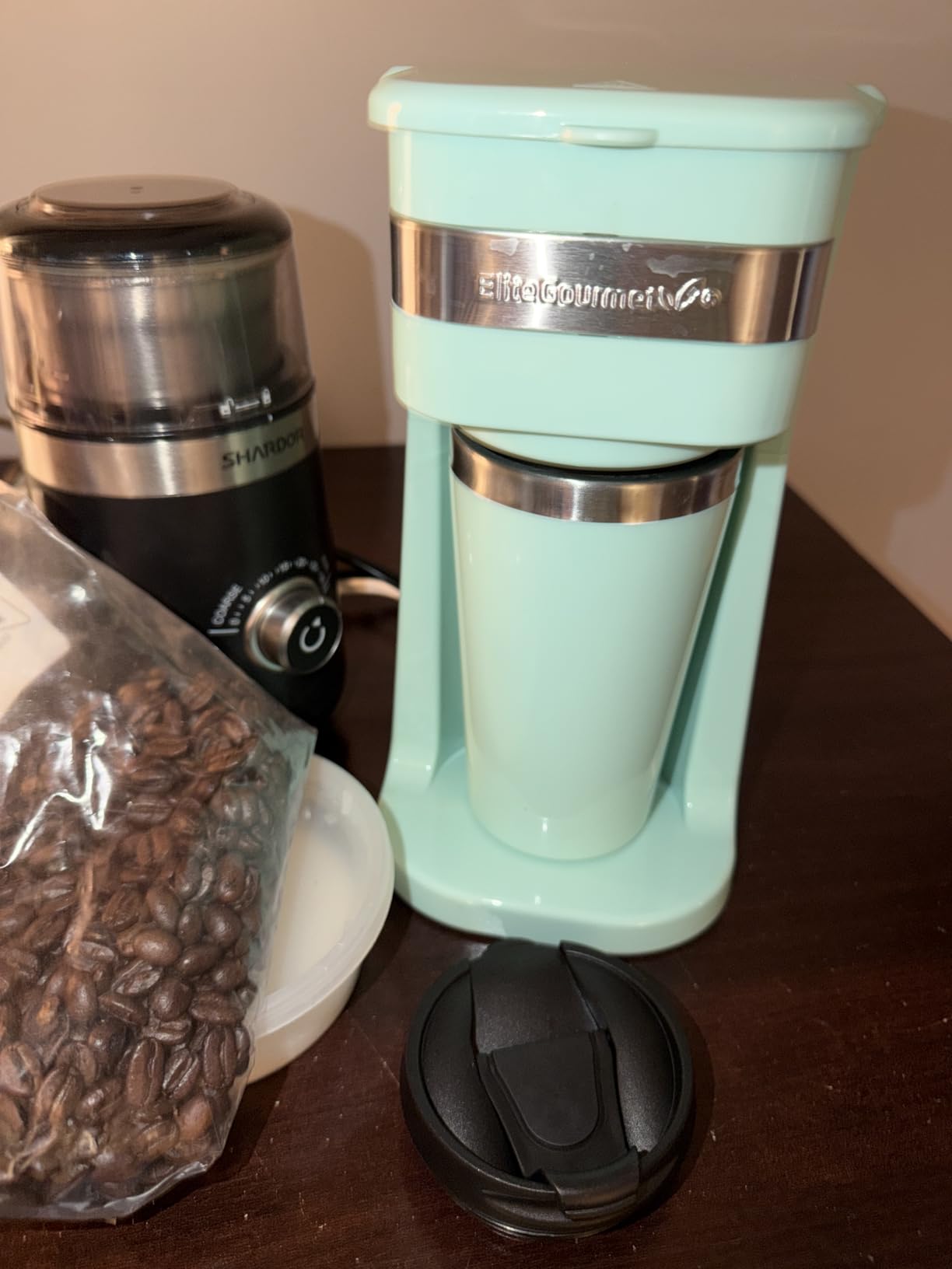 Elite Gourmet EHC111A Personal Single-Serve Compact Coffee Maker, Black | Includes 14oz stainless steel interior thermal travel mug, reusable filter - compatible with coffee grounds customer photo 1