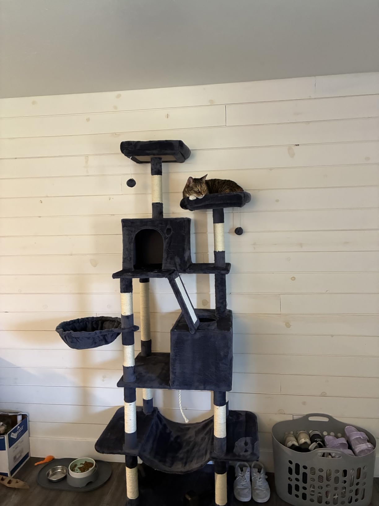 Feandrea Cat Tree, 81.1-Inch Large Cat Tower, Multi-Level Condo, Smoky Gray | with 13 Sisal Scratching Posts, 2 Perches, 2 Cave, Hammock, Basket, Pompoms for Indoor Cats, Easy to Assemble, UPCT190G01 customer photo 2