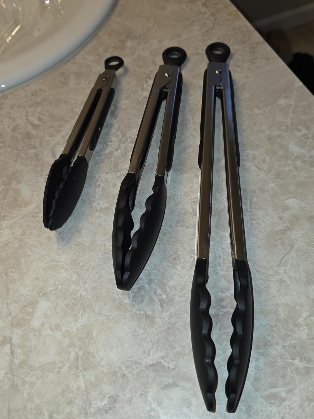 GORILLA GRIP Stainless Steel Kitchen Tongs for Cooking, 2 PK, Black | Heat Resistant Barbecue Tong Set, Non Scratch Silicone Tip for Pans, Strong Grip, Grab Food, Toss Salad, Air Fryer, Pull Lock customer photo 1