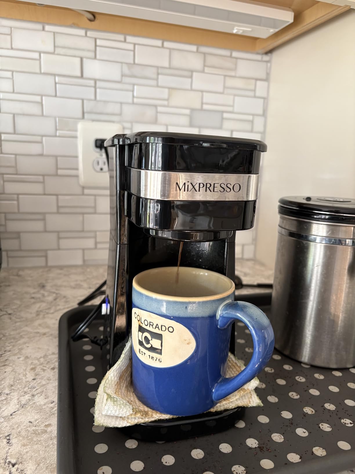 Mixpresso Single Serve & Single Cup Coffee Maker with 14oz Travel Mug White | For ground coffee only, reusable filter, auto shut off. Compact personal drip coffee maker, not compatible with K-Cup pods. customer photo 1