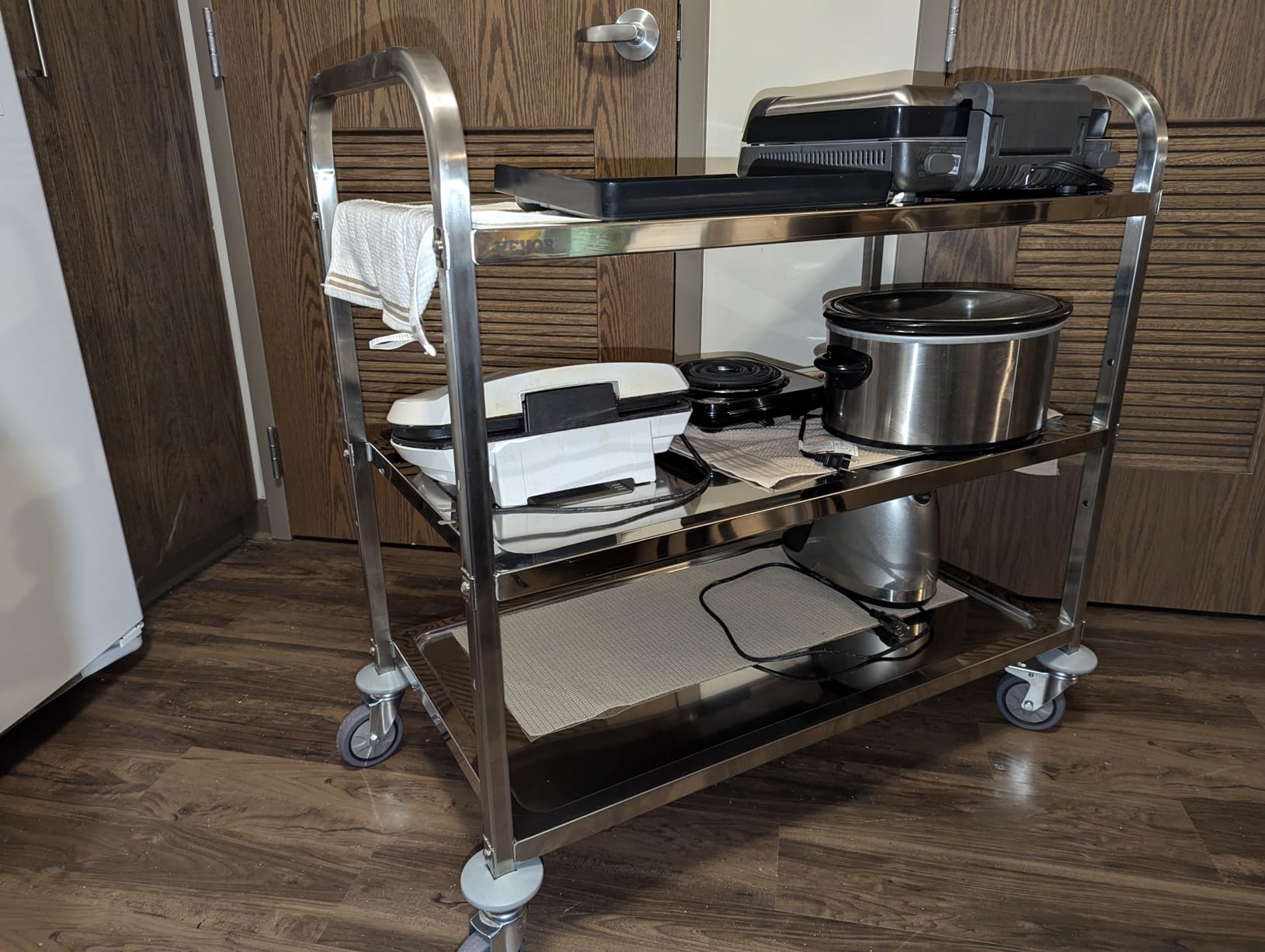 VEVOR Extra Large Utility Cart, 3 Tier Rolling Cart with Adjustable Shelf, Stainless Steel Kitchen Serving Cart with Swivel Casters Brake Wheels, Metal Food Storage Service Trolley, 37