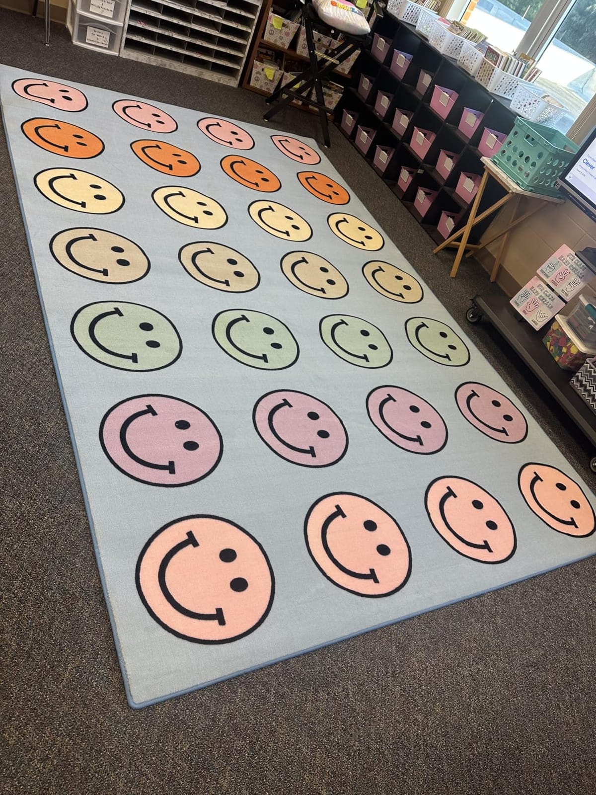 Flagship Carpets Pastel Rainbow Smileys Criss-Cross Applesauce Educational Area Rug for Kids Room, Children's Classroom for Teaching and Playroom, 7'6