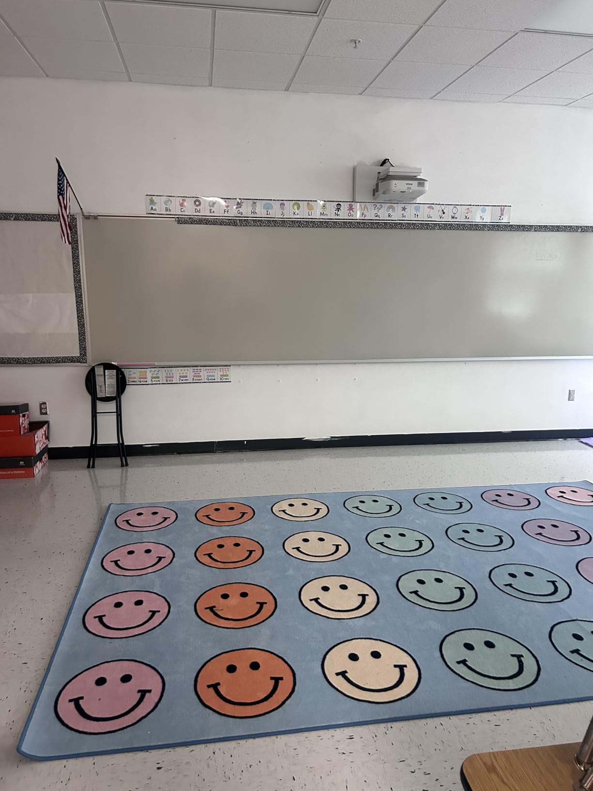 Flagship Carpets Pastel Rainbow Smileys Criss-Cross Applesauce Educational Area Rug for Kids Room, Children's Classroom for Teaching and Playroom, 7'6