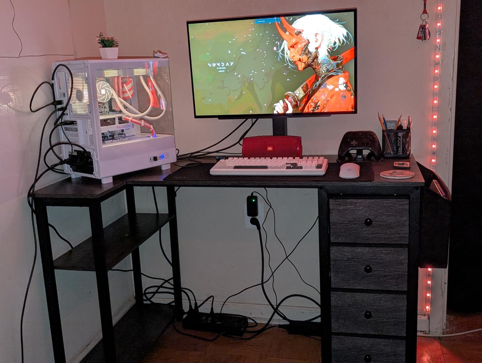 Lufeiya White L Shaped Computer Desk with Drawers & Storage Shelves, 47 Inch Corner Reversible Desk with Power Outlet for Home Office Bedroom, L-Shaped Teen PC Desks with Fabric Drawer, White customer photo 1