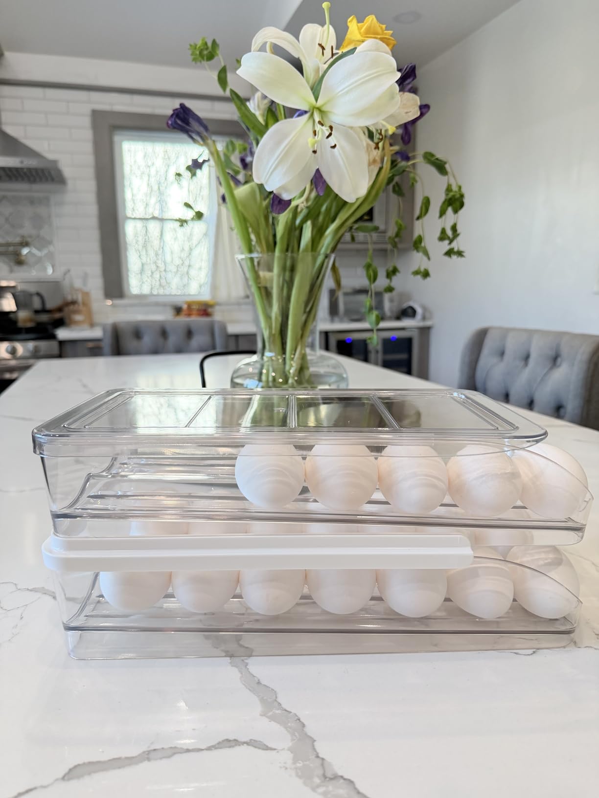 RoskDeewat Egg Holder for Fridge, Automatic Rolling Egg Container -2 Tier | Stackable Fridge Organizers and Storage with Lid, Sturdy Clear Plastic Egg Dispenser & Tray for Refrigerator customer photo 2