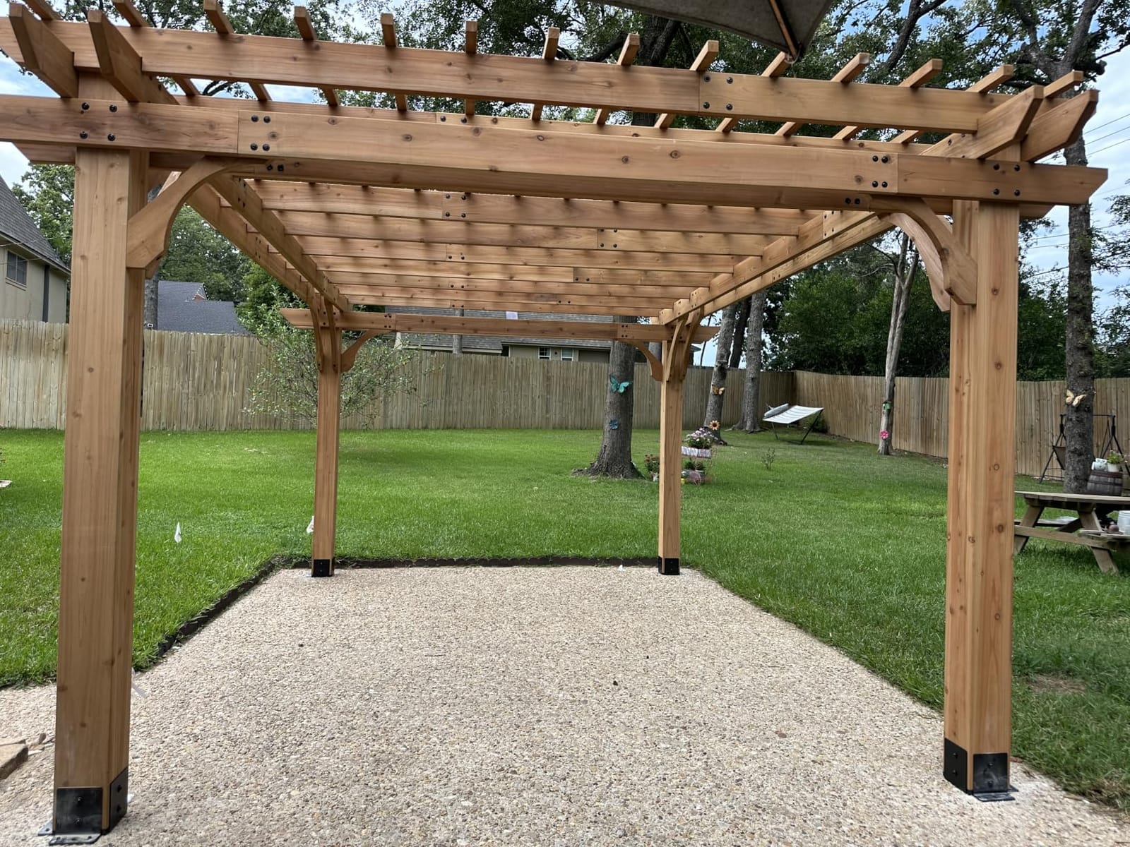Backyard Discovery Beaumont 12' x 12' Traditional Cedar Wood Pergola Kit with Trellis Roof, All-Season Durability, High-Wind Rating, PowerPort, Shade for Outdoor Patio, Deck, Garden, and Entertaining customer photo 1