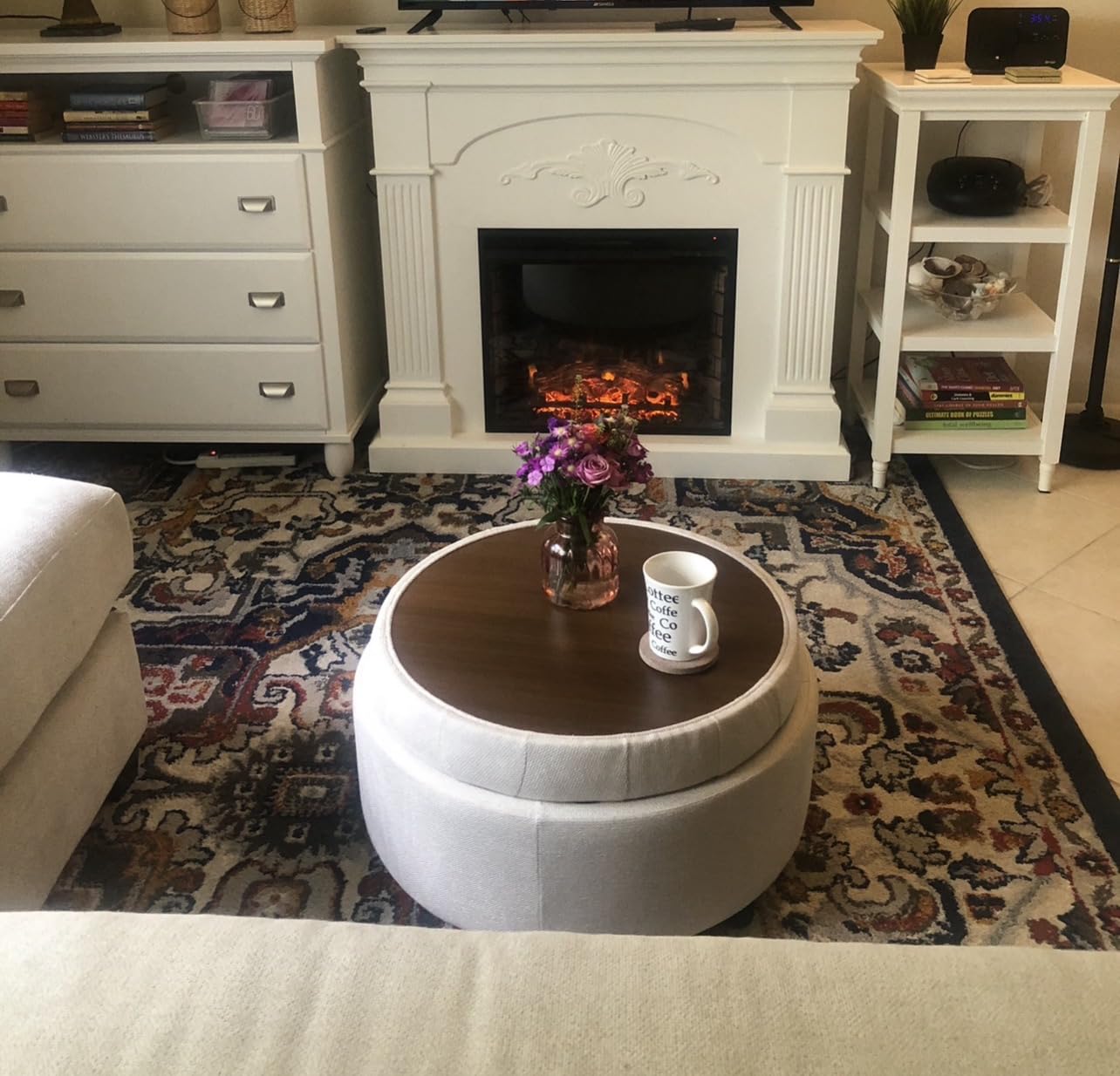 COLAMY Fabric Round Storage Ottoman with Reversible Tray Lid - Multi-Functional Footrest, Hidden Storage, Sturdy & Stylish Small Coffee Table for Living Room, Bedroom, or Entryway(Beige) customer photo 1