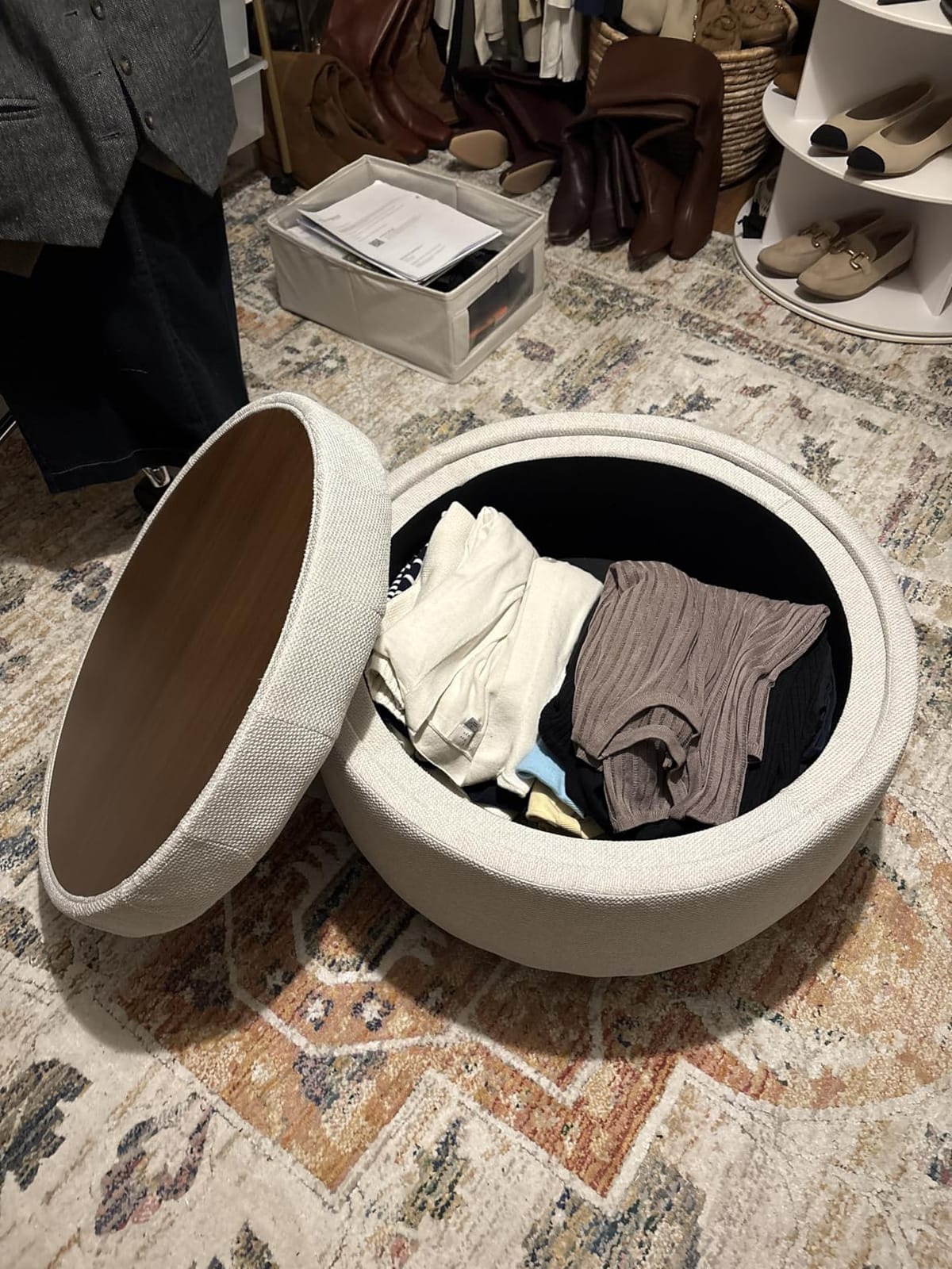 COLAMY Fabric Round Storage Ottoman with Reversible Tray Lid - Multi-Functional Footrest, Hidden Storage, Sturdy & Stylish Small Coffee Table for Living Room, Bedroom, or Entryway(Beige) customer photo 2