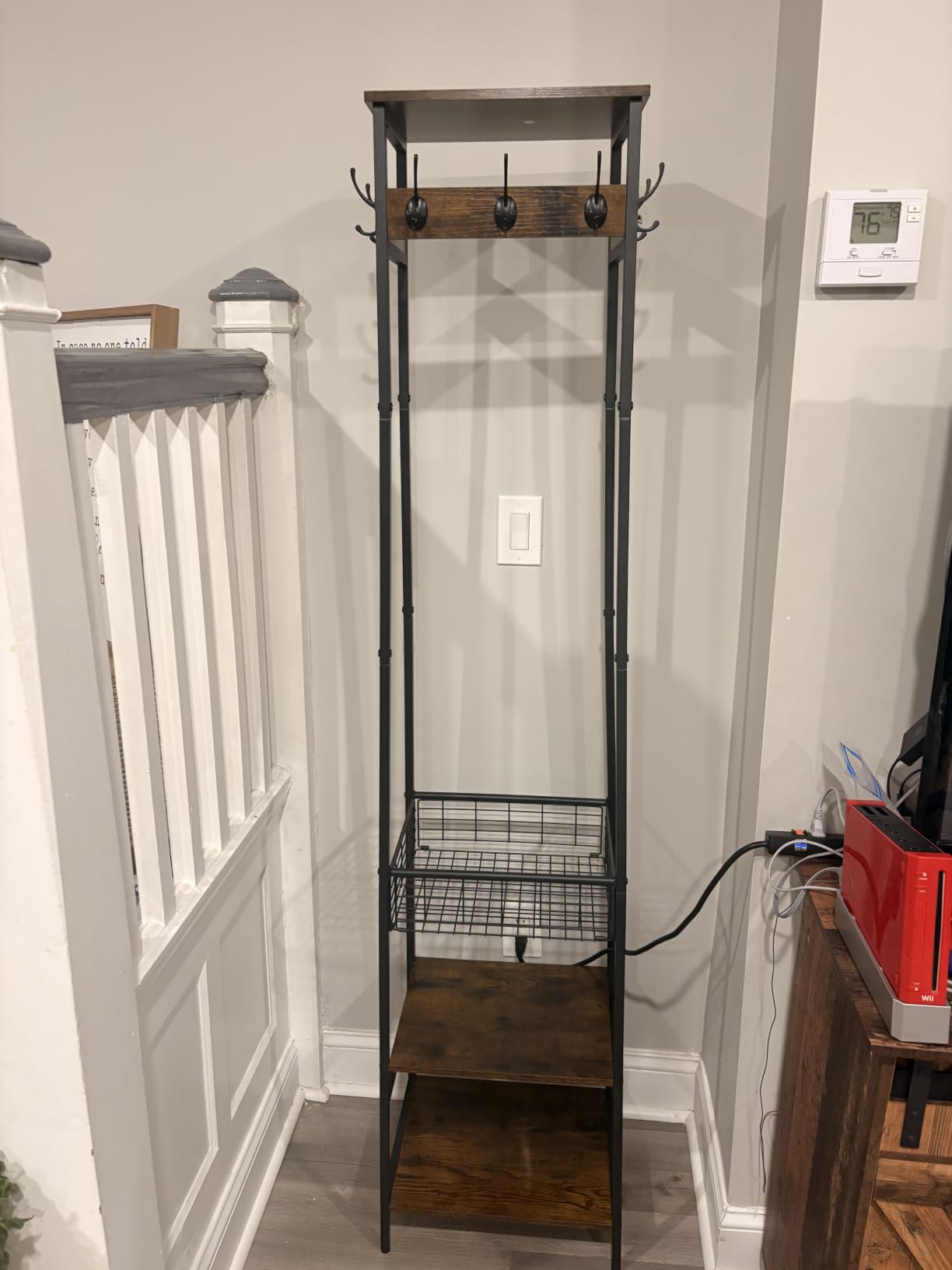 Coat Rack with Metal Basket and Storage Shelves | Coat Stand Freestanding, Hall Tree With and 7 Hooks, Clothes Rack Stand Organizer, Rustic Brown and Black customer photo 1