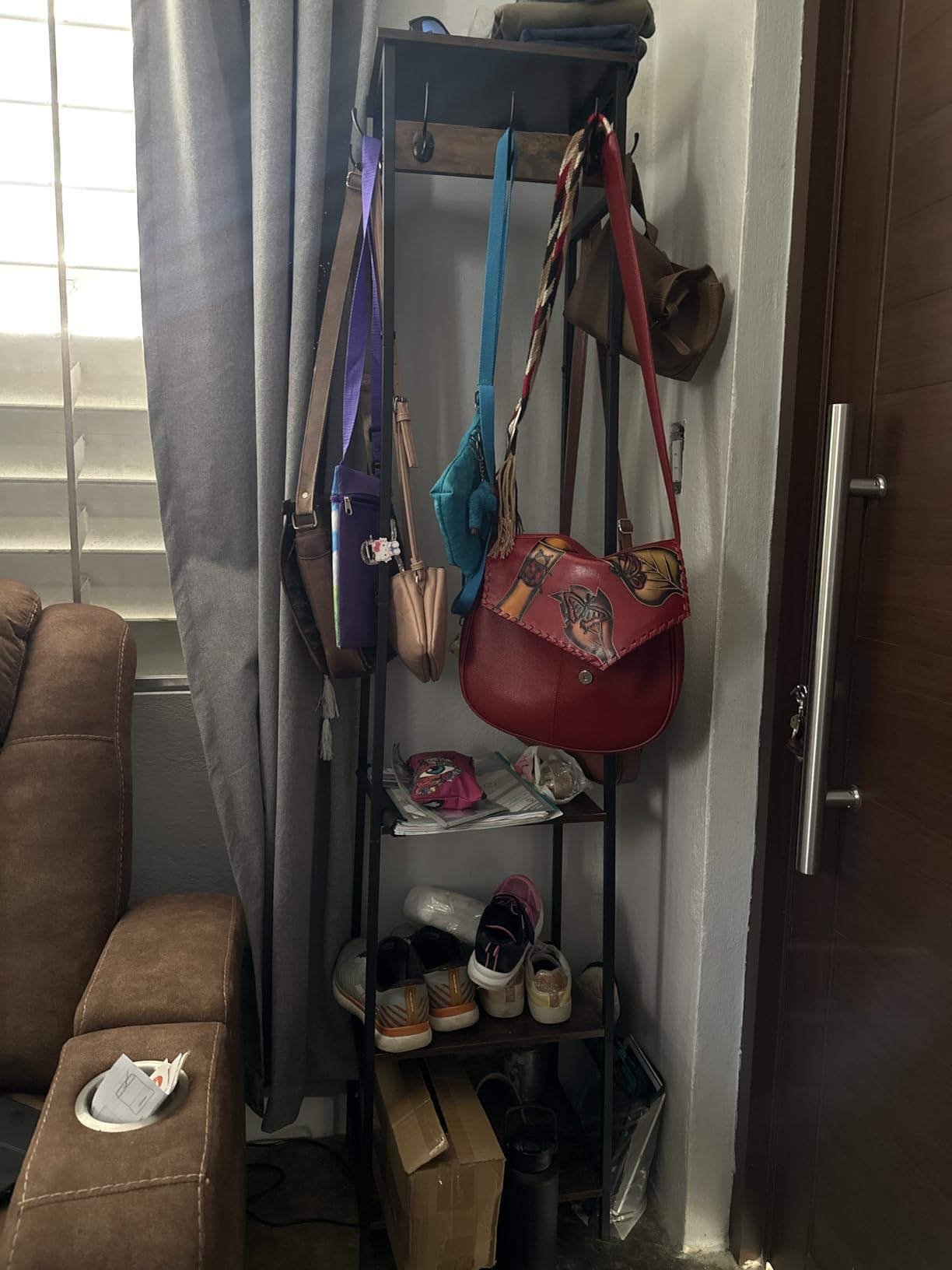 Coat Rack with Metal Basket and Storage Shelves | Coat Stand Freestanding, Hall Tree With and 7 Hooks, Clothes Rack Stand Organizer, Rustic Brown and Black customer photo 2