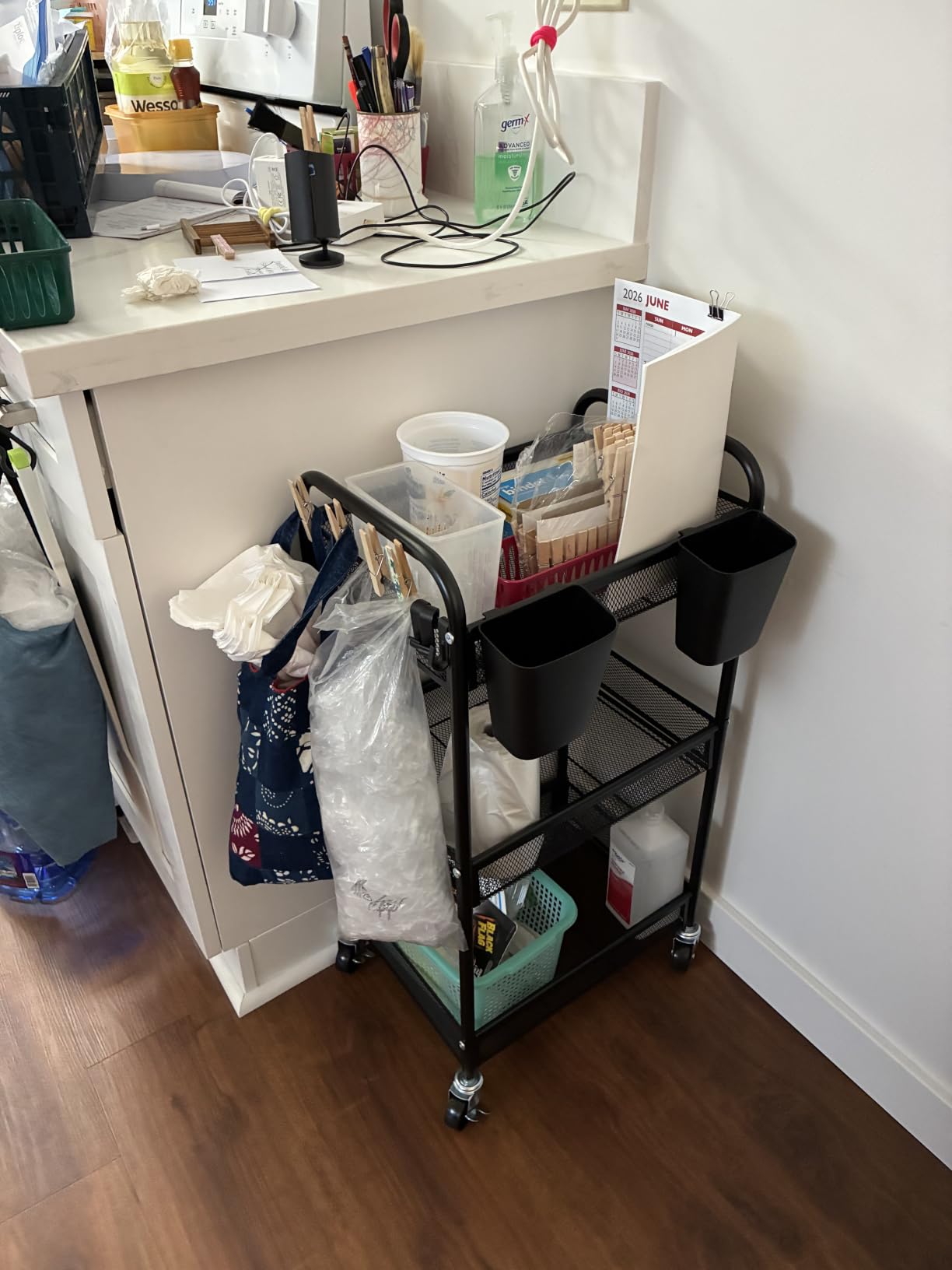 YASONIC 3 Tier Metal Rolling Cart, Black Utility Storage Cart with Wheels | Metal Mesh Craft Cart With Hooks & Hanging Cups customer photo 1