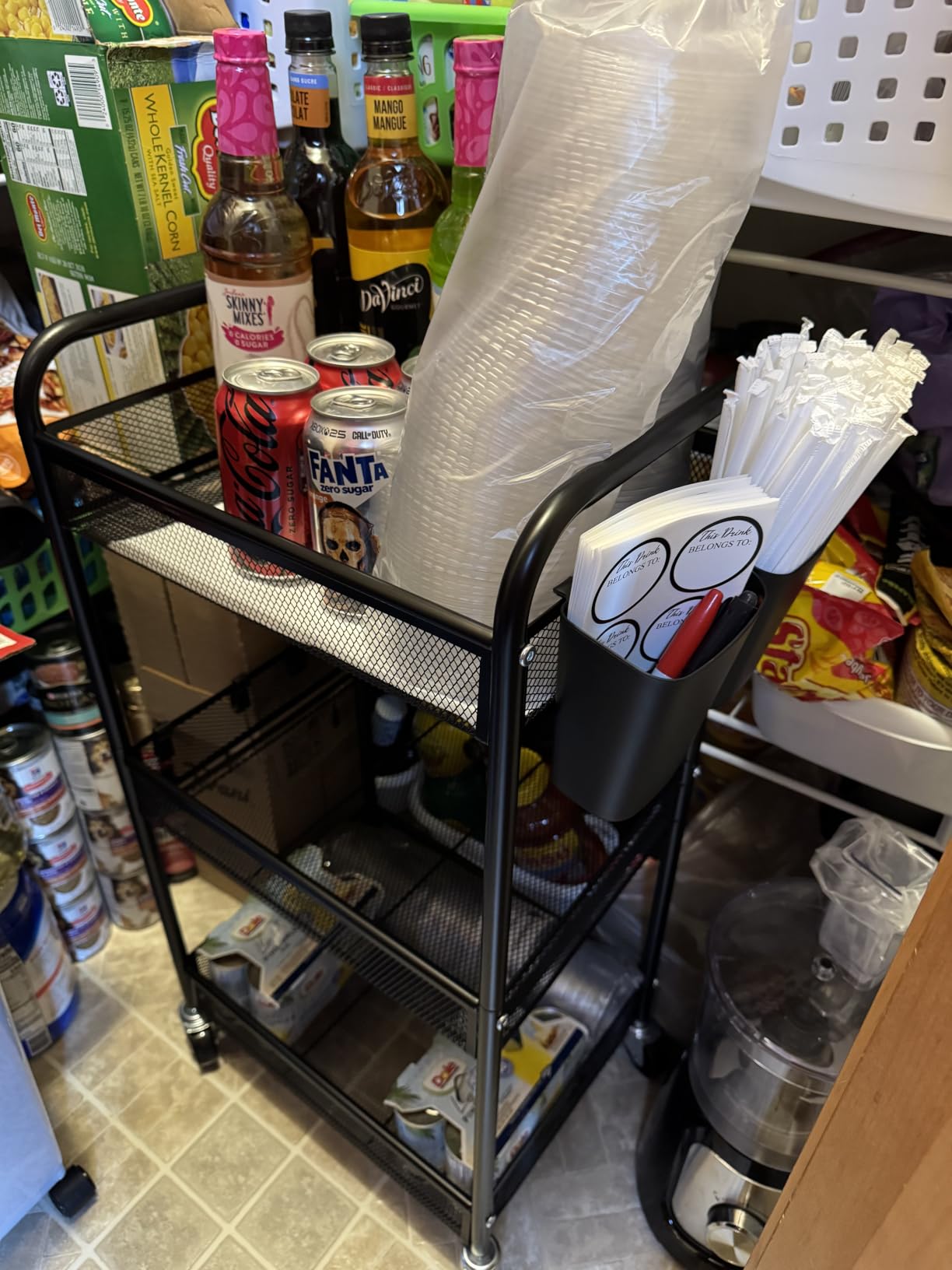 YASONIC 3 Tier Metal Rolling Cart, Black Utility Storage Cart with Wheels | Metal Mesh Craft Cart With Hooks & Hanging Cups customer photo 2