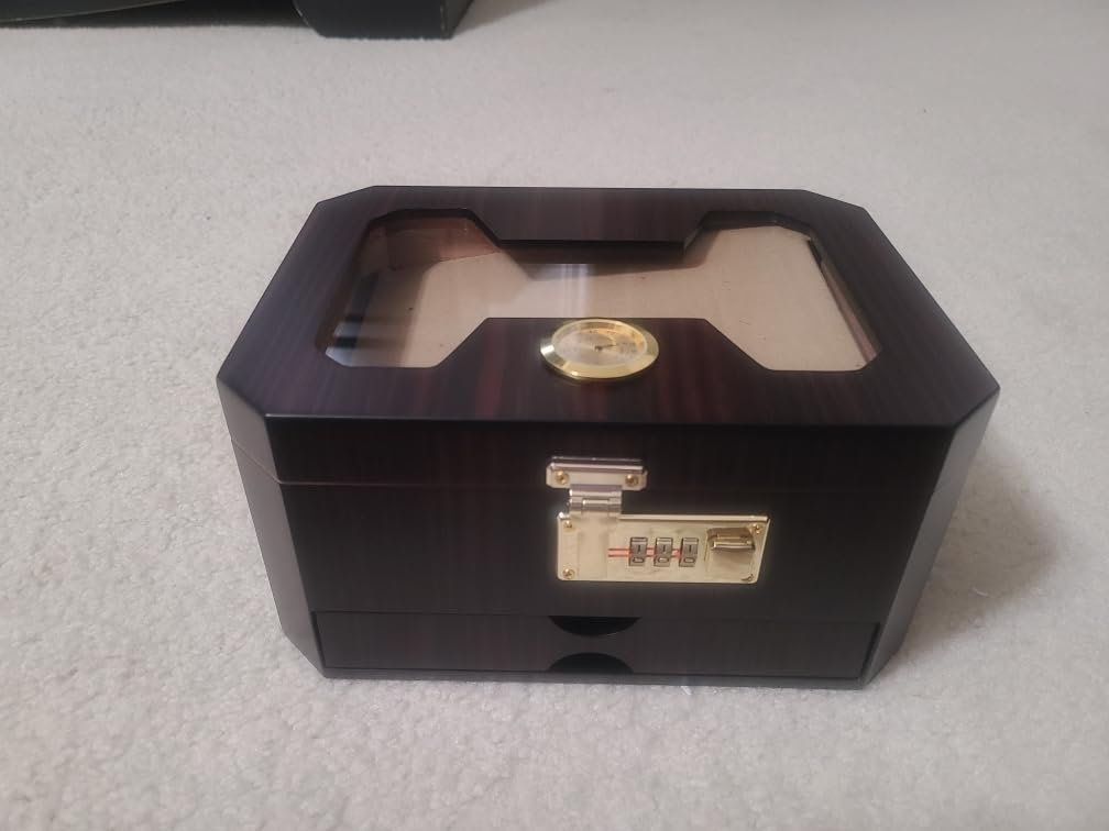 Cigar Humidor, Cedar Wood Desktop Humidor Cigar Box with Combination Lock, Glass Top Storage with Hygrometer & Humidifier, Accessory Drawer and Divider, Complete Cigar Accessories, Cigar Gifts for Men customer photo 2