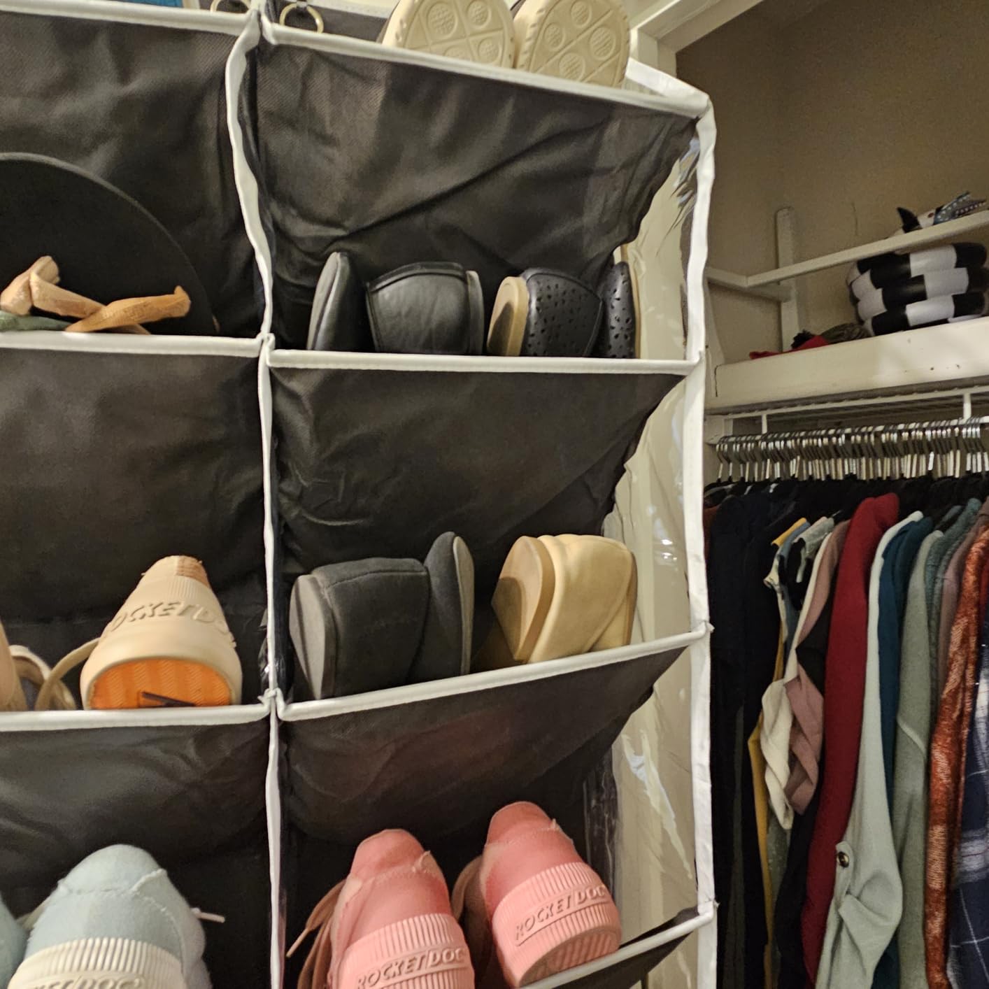 UVIAHOMI 20-30 Pairs Over the Door Shoe Organizer, Clear Pockets Hanging Shoe Storage for Closet, 10-Tier Door Shoes Rack, Handing Shoes Holder Fit All the Family's Sneakers, Boots, Heels, Black customer photo 2