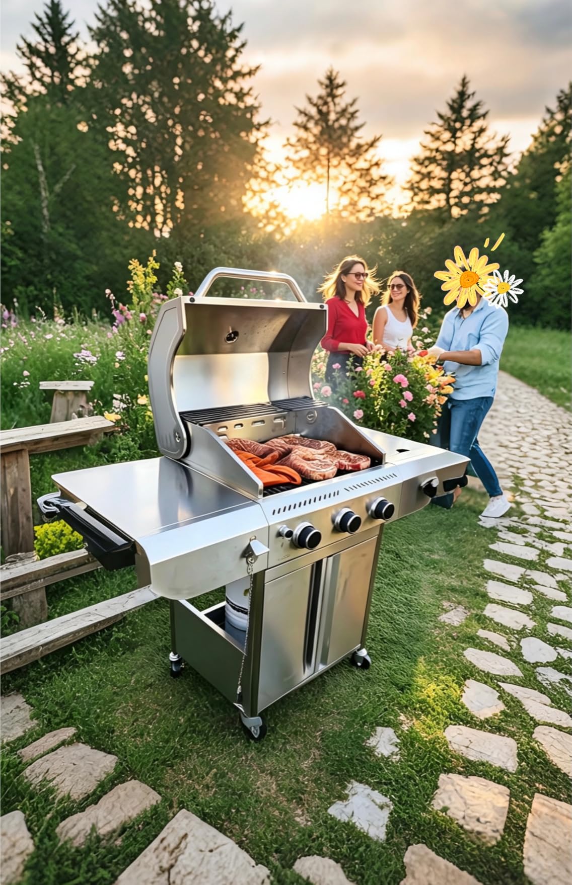 34,000 BTU 3-Burner Propane Gas Grill with Side Burner | All Stainless Steel BBQ Grill, Enameled Cast Iron Grates & Portable Cart with Wheels, Outdoor Barbecue for Backyard, Patio customer photo 2