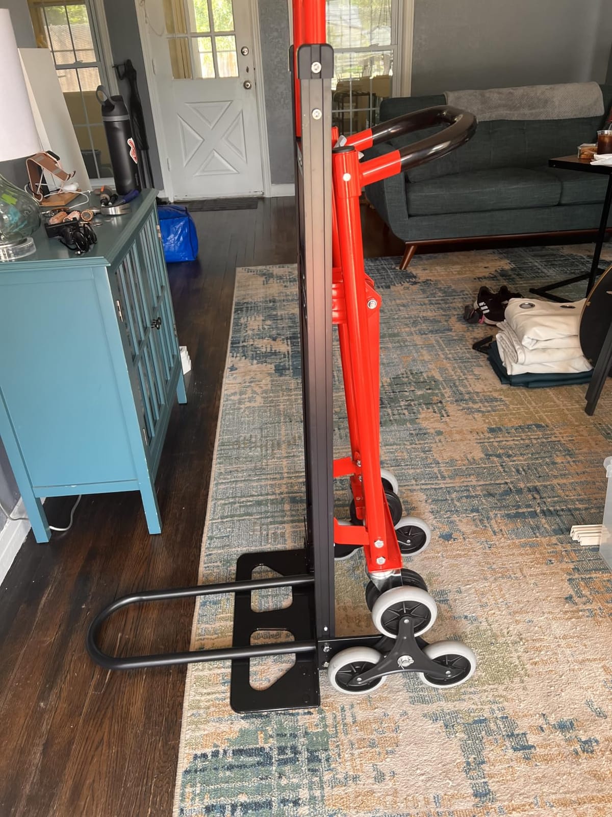 Heavy Duty 1000LBS Stair Climbing Dolly, 3 in 1 Convertible Hand Truck, Red | Aluminum Foldable Cart with Solid Rubber Tri-Wheels, Loop Handle and 2 Bungee Cords customer photo 1