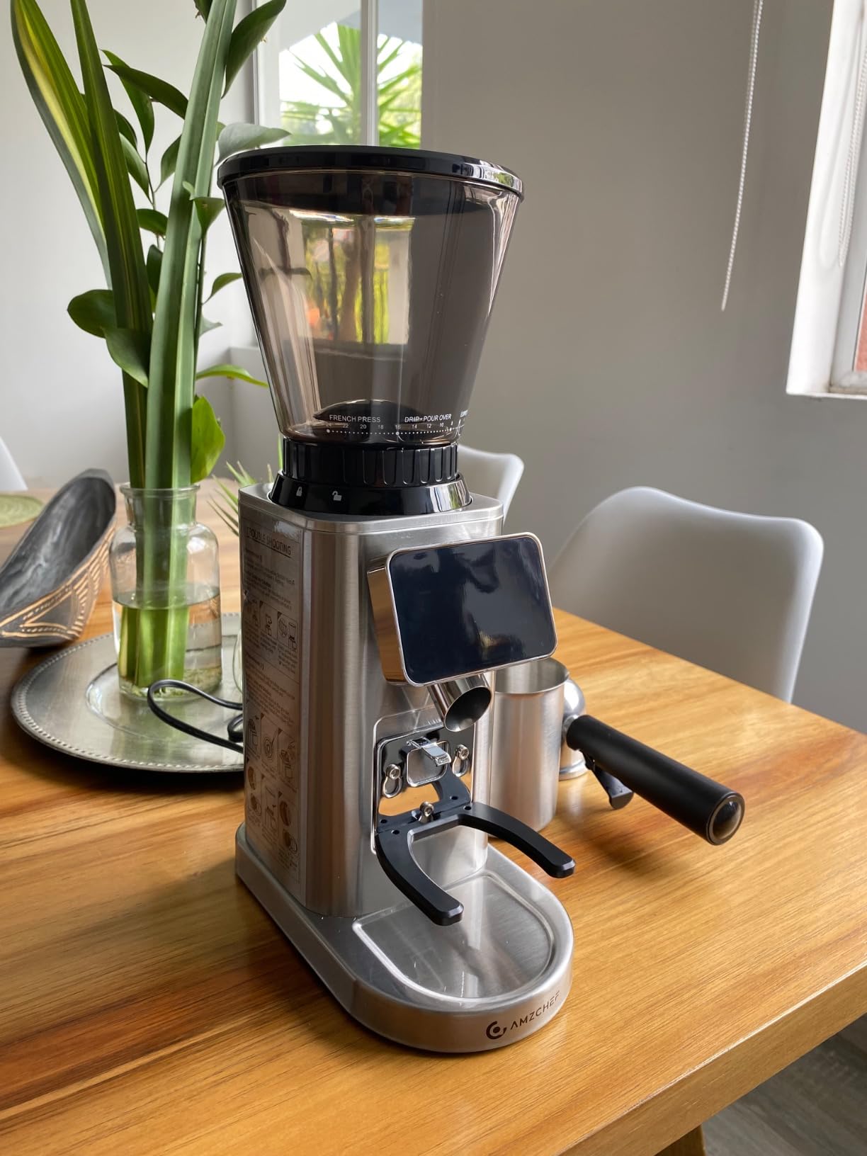 AMZCHEF Commercial Flat Burr Espresso Bean Grinder, Black&Silver | All-Metal Chamber, Anti-Static Tech, Simple to Clean, 90 Precise Settings, Stainless Steel Housing for Rock-solid stability customer photo 1