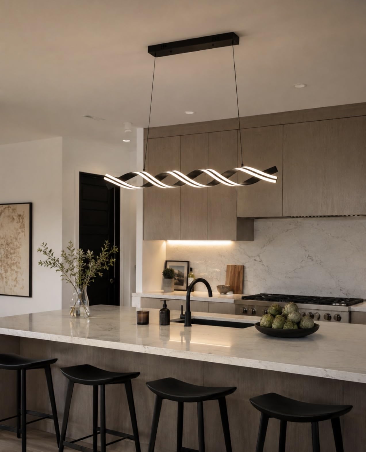 Modern LED Spiral Wave Chandelier, 45 Inch Smart Dimmable Hanging Pendant Light, 56W Linear Fixture for Dining Room, Kitchen Island, Black customer photo 2