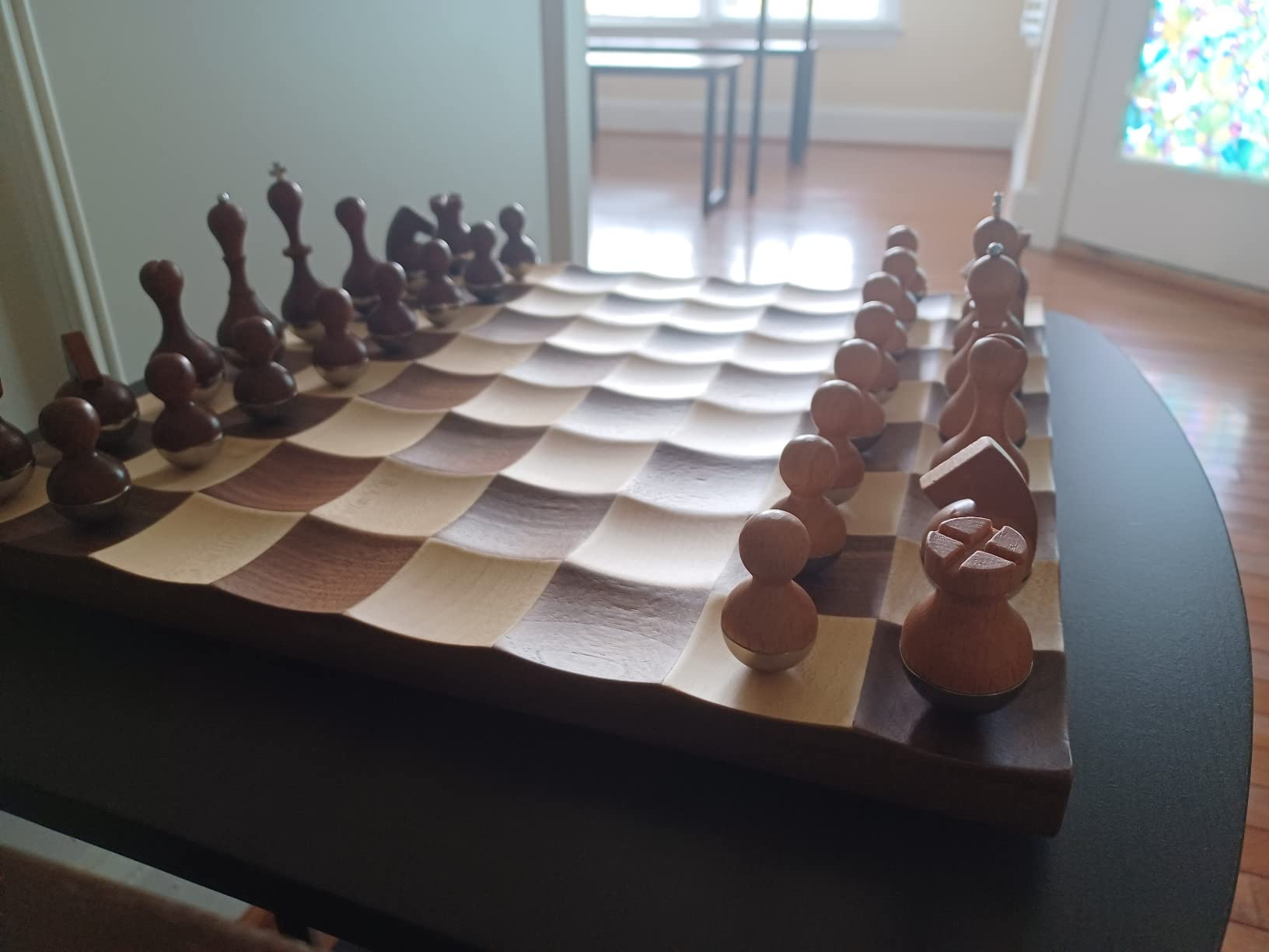 Umbra Wobble Chess Set, Walnut and Maple Wood Board, 15x15-Inch, Walnut | Chrome plated details, weighted playing pieces, interactive concave design customer photo 2