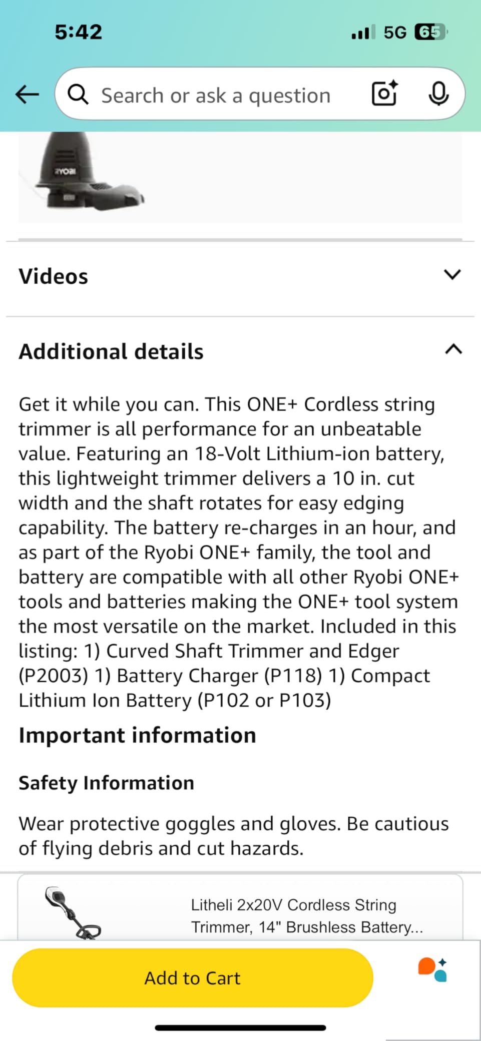 Ryobi One+ 18-Volt Lithium-ion Cordless Electric String Trimmer and Edger customer photo 2