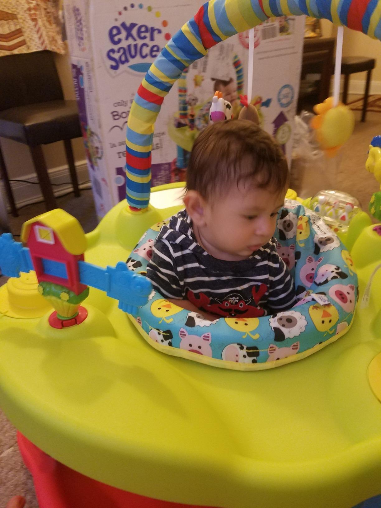Evenflo Exersaucer Bouncing Activity Saucer, Sweet Tea Party | 3 Height Modes up to 30 in., Ages 4-12 Months, 7 Interactive Toys, 12+ Activities, Machine Washable Seat Pad customer photo 2