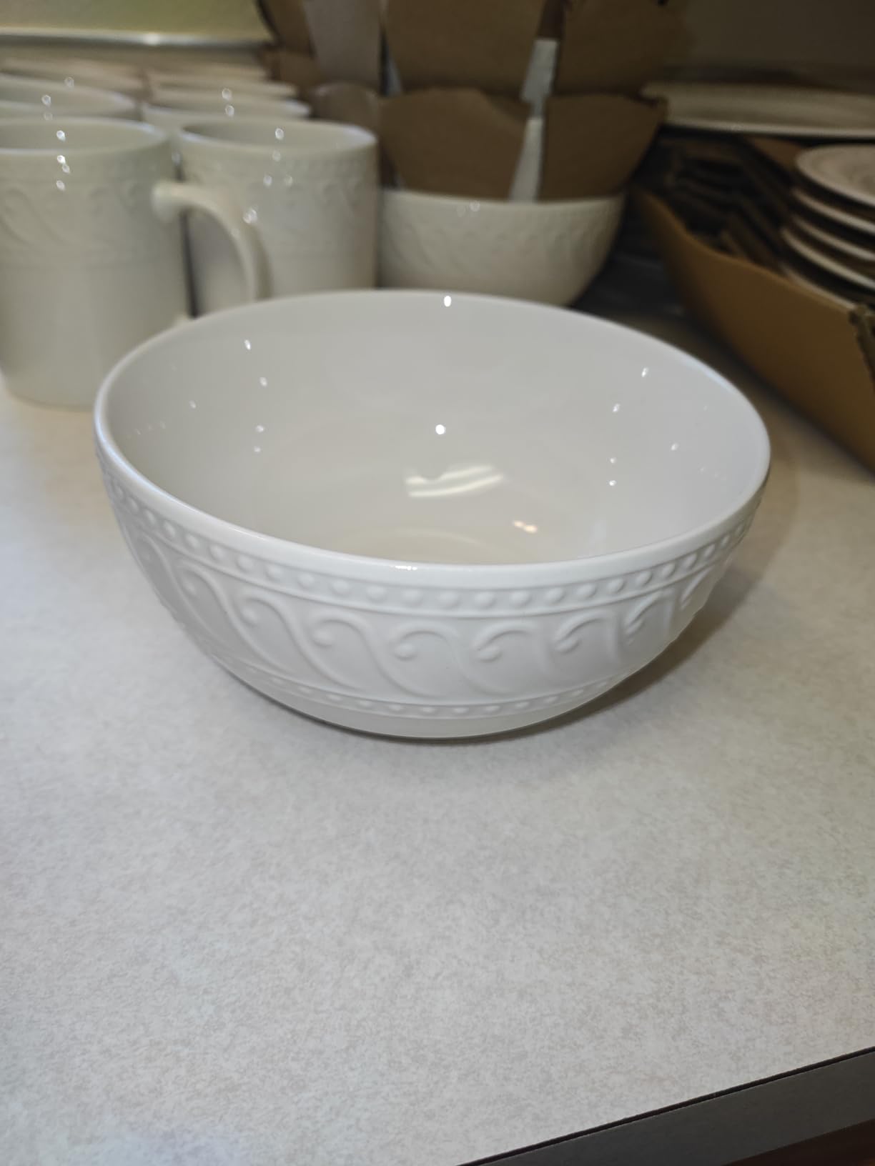 Pfaltzgraff Sylvia Dinnerware Set 32-Piece Service for 8 - White Porcelain Dinner Plates, Salad Plates, Soup Bowls and Mugs with Embossed Scrollwork customer photo 1